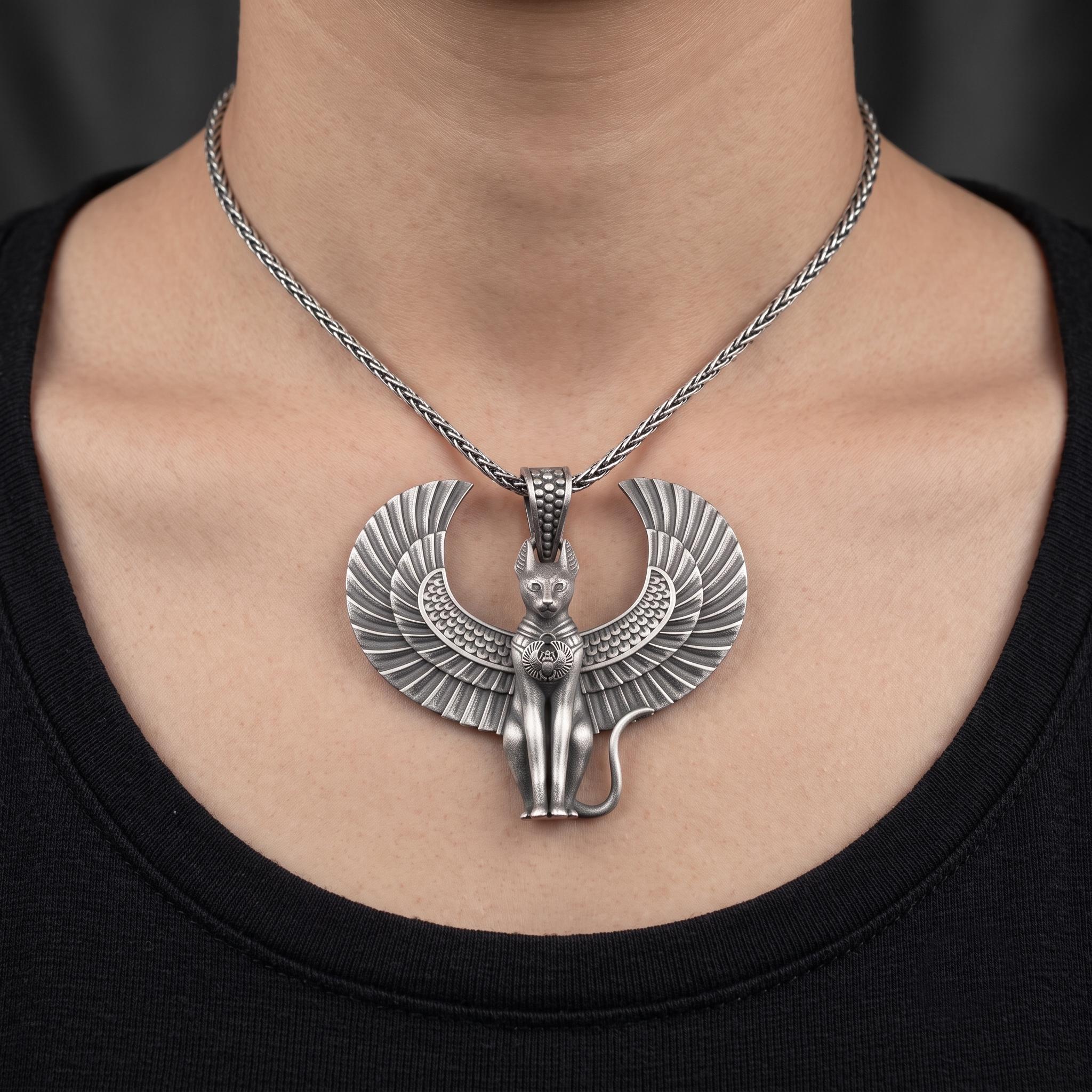 Sterling Silver Winged Bastet Cat Pendant, Oxidized Egyptian Goddess Jewelry