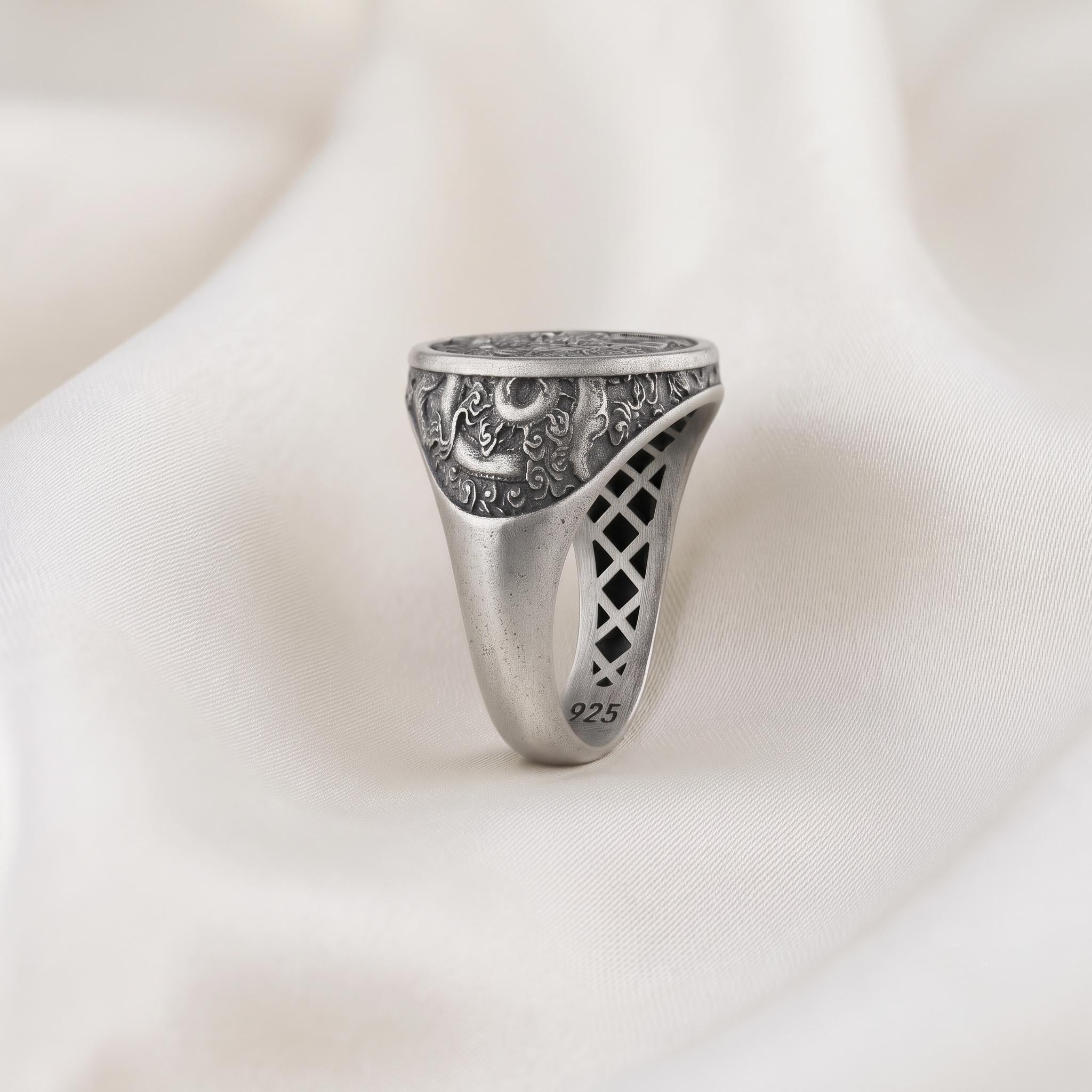 Oxidized Sterling Silver Dragon Phoenix Signet Ring, Yin Yang Mythical Creatures, Gothic Statement Band