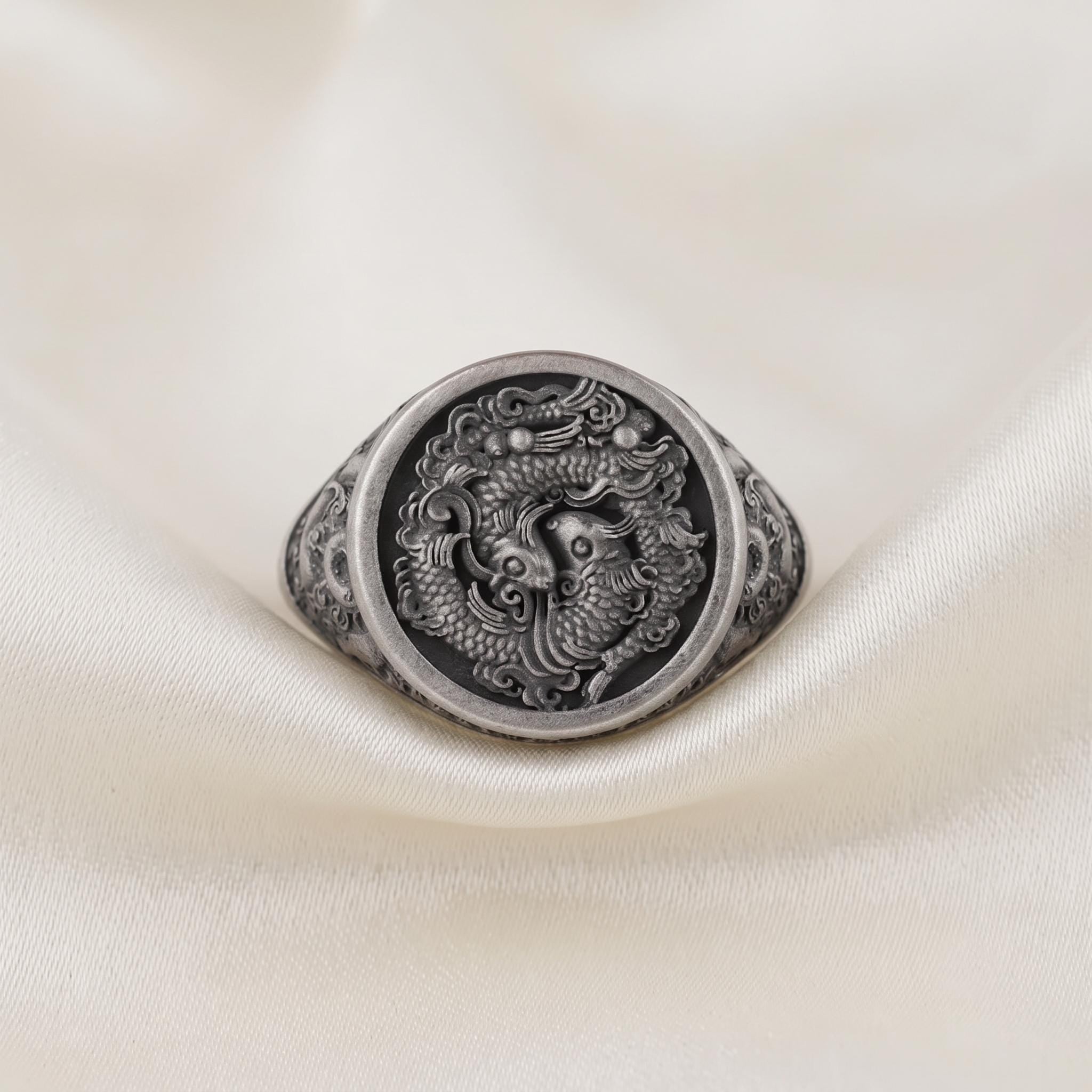 Oxidized Sterling Silver Dragon Phoenix Signet Ring, Yin Yang Mythical Creatures, Gothic Statement Band