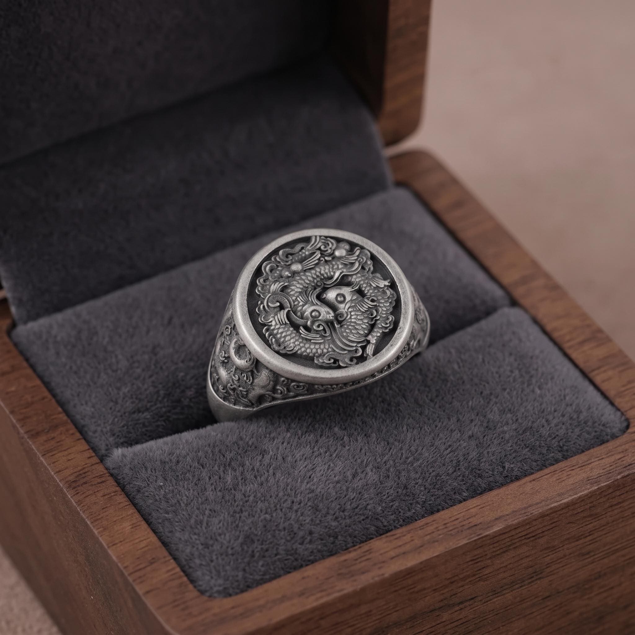 Oxidized Sterling Silver Dragon Phoenix Signet Ring, Yin Yang Mythical Creatures, Gothic Statement Band