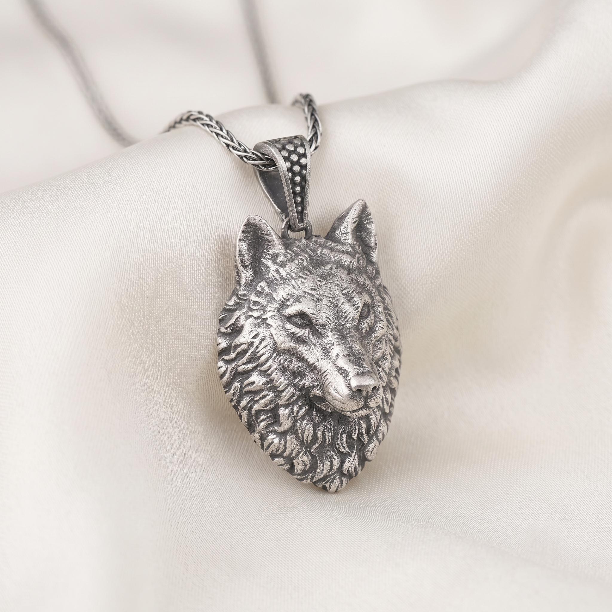 Sterling Silver Wolf Head Pendant, Norse Viking Jewelry, Gothic Animal Totem Necklace