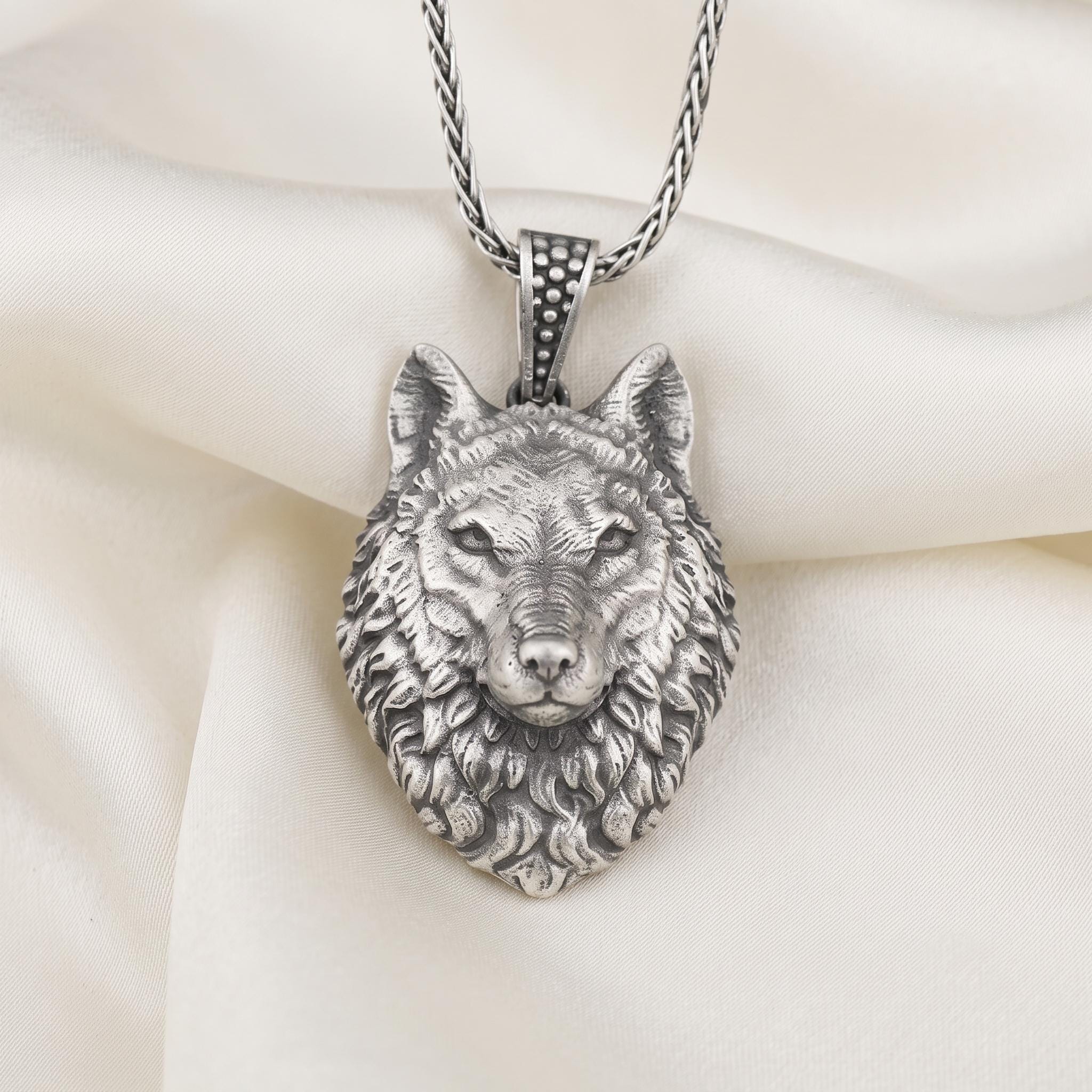Sterling Silver Wolf Head Pendant, Norse Viking Jewelry, Gothic Animal Totem Necklace