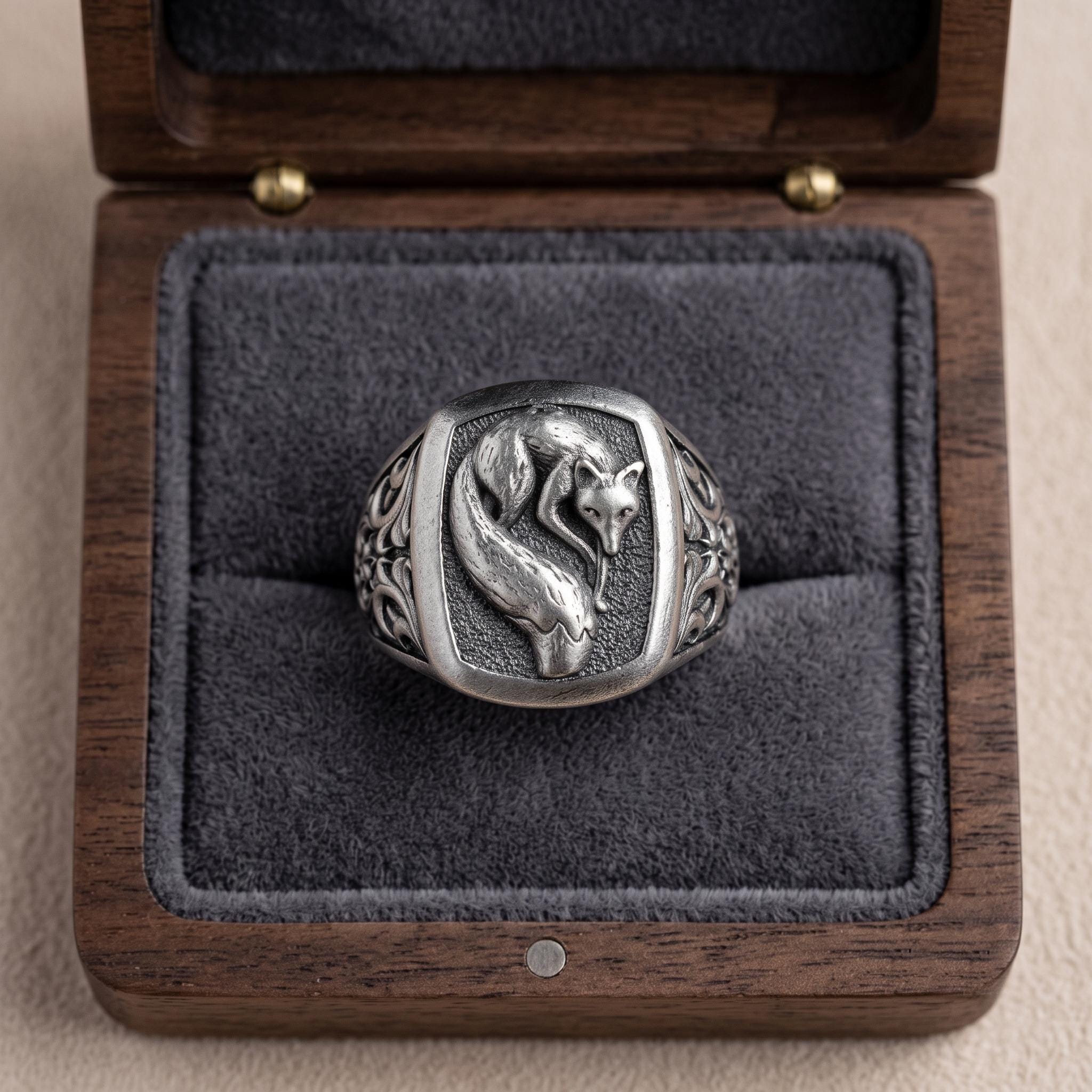 Handmade Sterling Silver Oxidized Fox Signet Ring, Gothic Nordic Wildlife Jewelry
