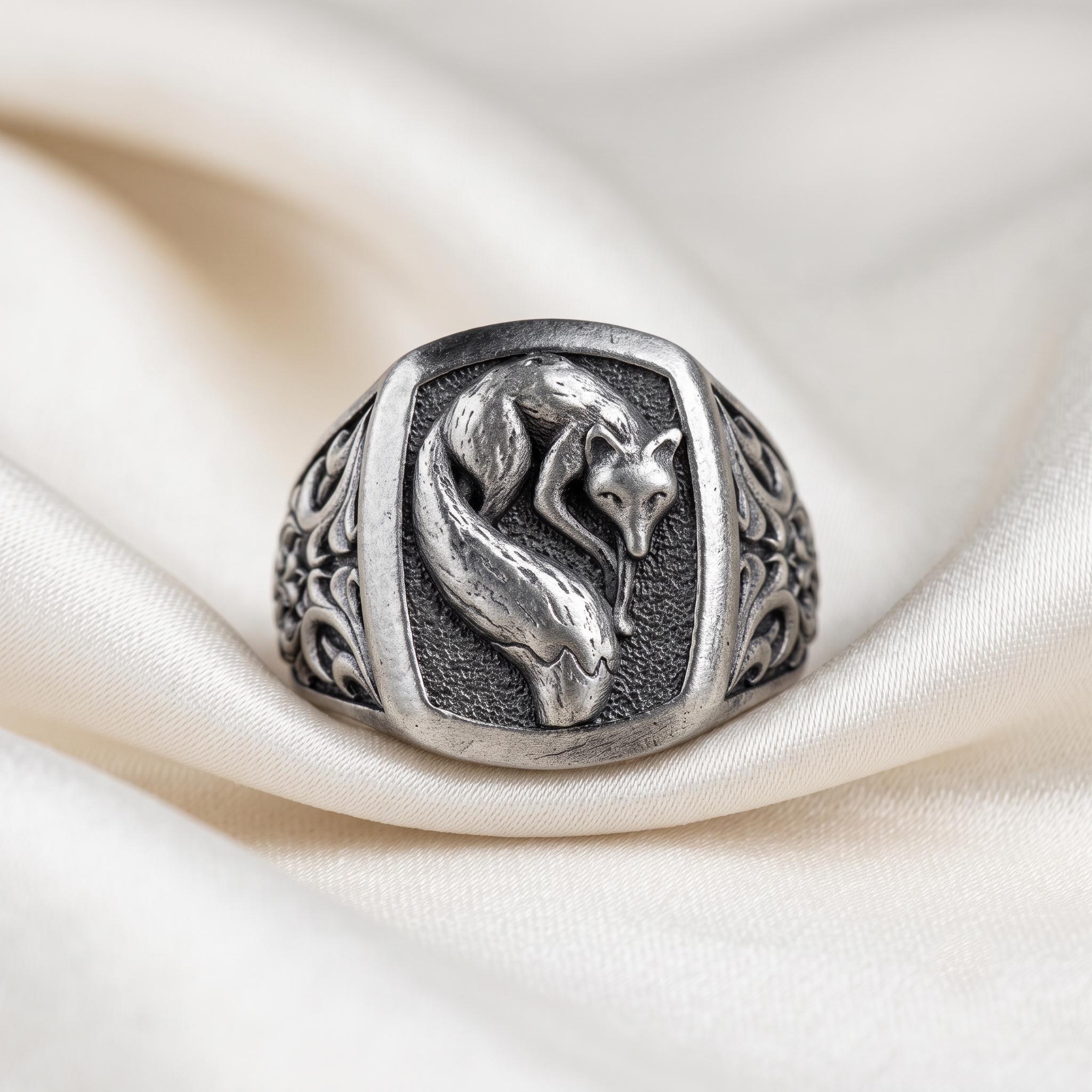 Handmade Sterling Silver Oxidized Fox Signet Ring, Gothic Nordic Wildlife Jewelry