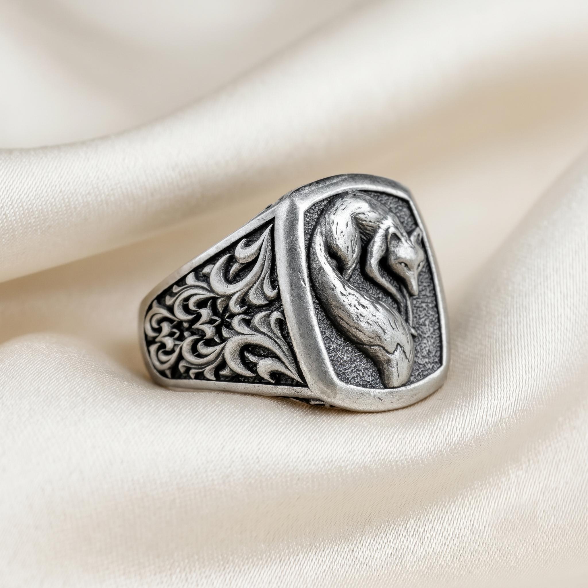 Handmade Sterling Silver Oxidized Fox Signet Ring, Gothic Nordic Wildlife Jewelry