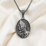 Oxidized Sterling Silver Praying Hands Rosary Pendant Necklace, Christian Faith Jewelry
