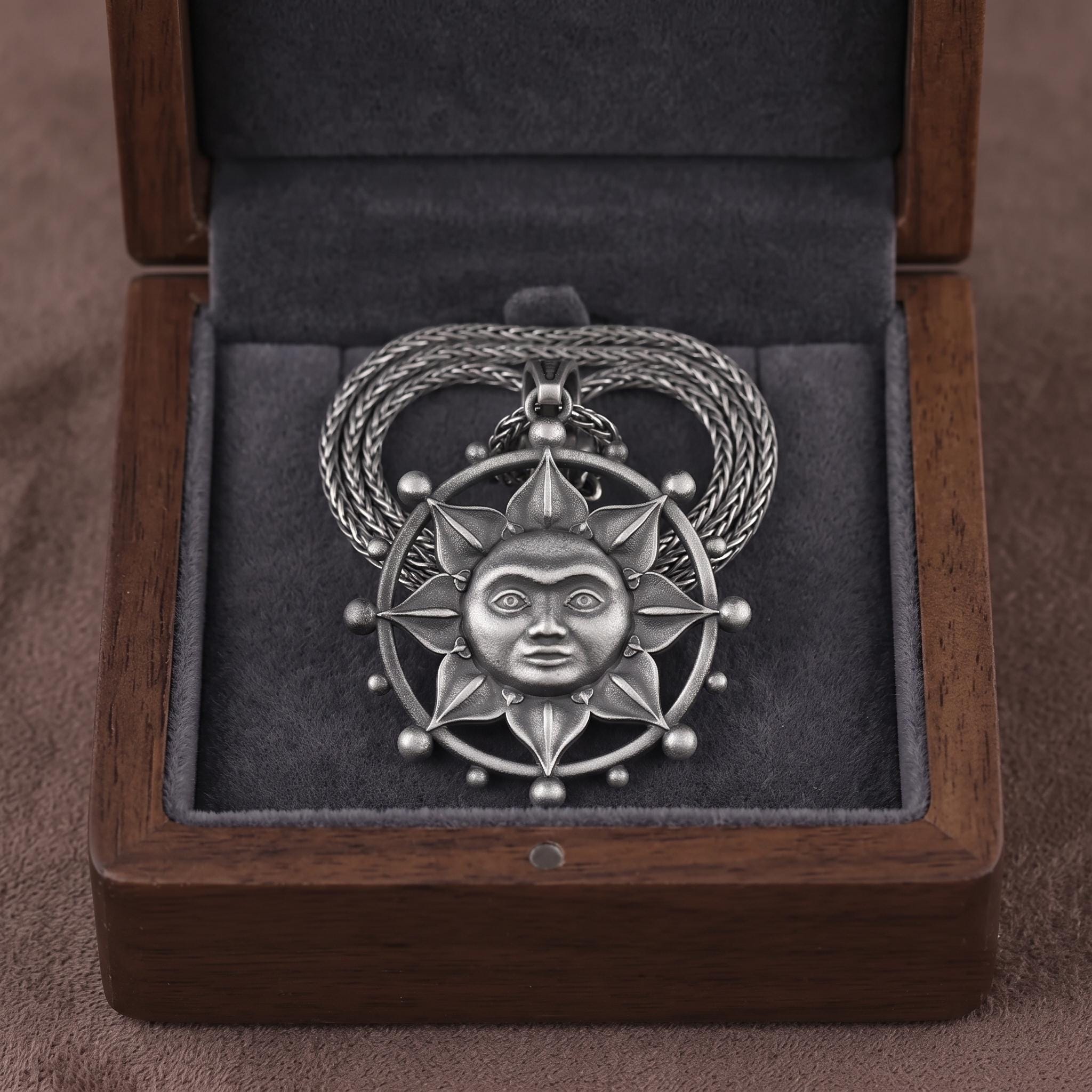 Handmade Sterling Silver Sun Face Pendant, Oxidized Gothic Necklace, Celestial Talisman Charm