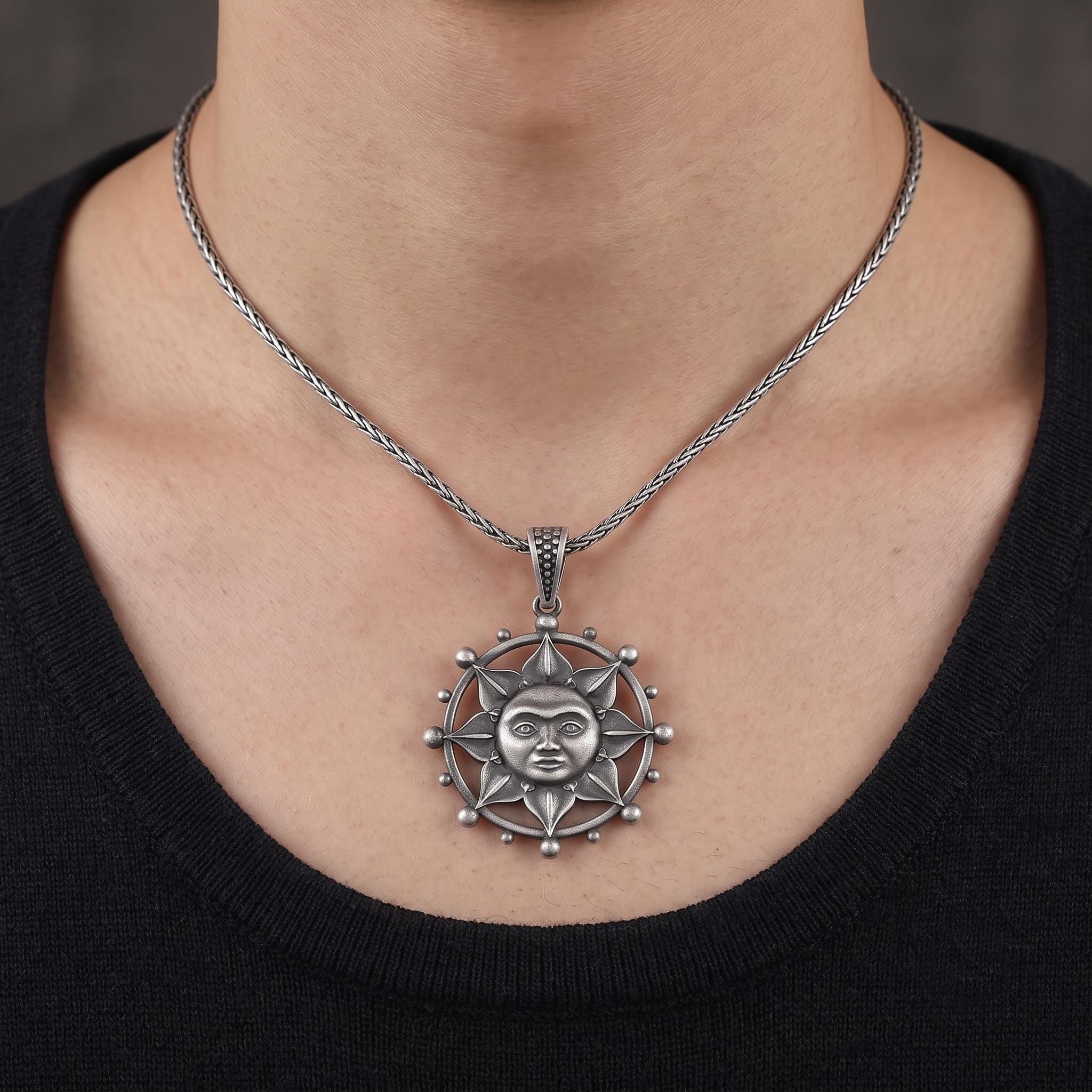 Handmade Sterling Silver Sun Face Pendant, Oxidized Gothic Necklace, Celestial Talisman Charm