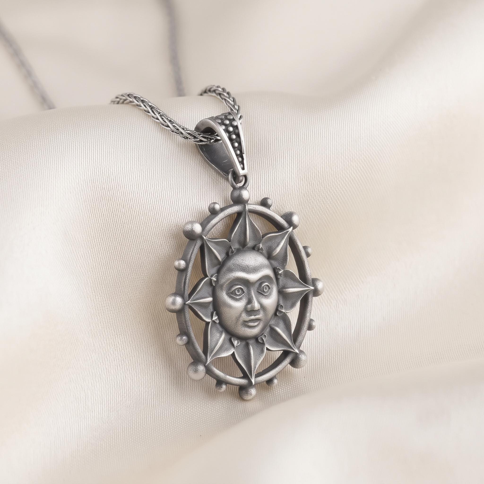 Handmade Sterling Silver Sun Face Pendant, Oxidized Gothic Necklace, Celestial Talisman Charm