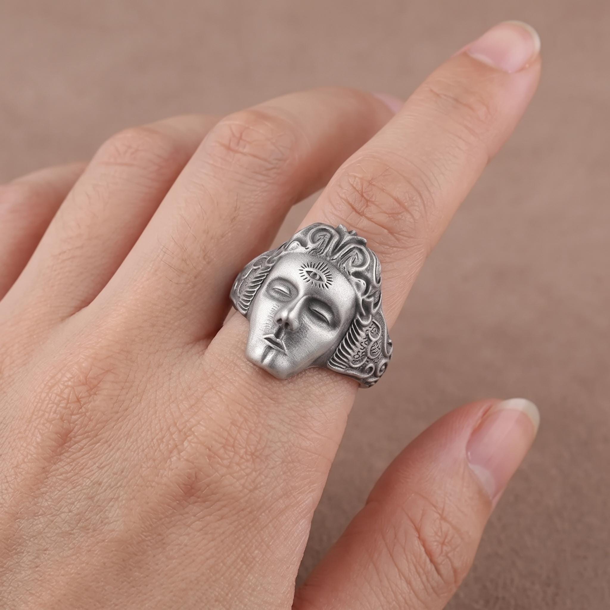 Sterling Silver Third Eye Face Ring, Gothic Spiritual Statement Jewelry