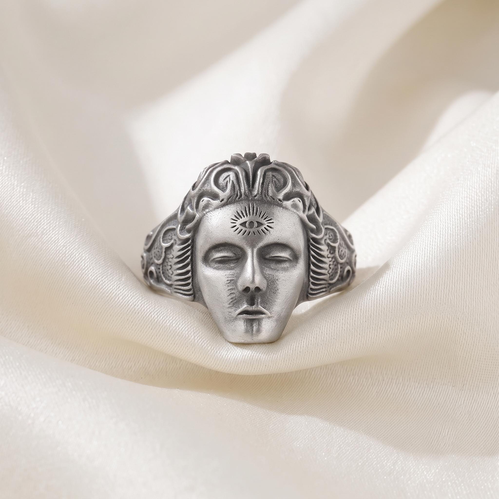 Sterling Silver Third Eye Face Ring, Gothic Spiritual Statement Jewelry