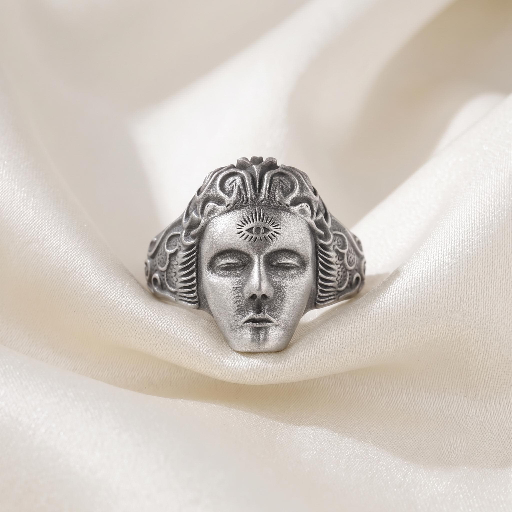 Sterling Silver Third Eye Face Ring, Gothic Spiritual Statement Jewelry