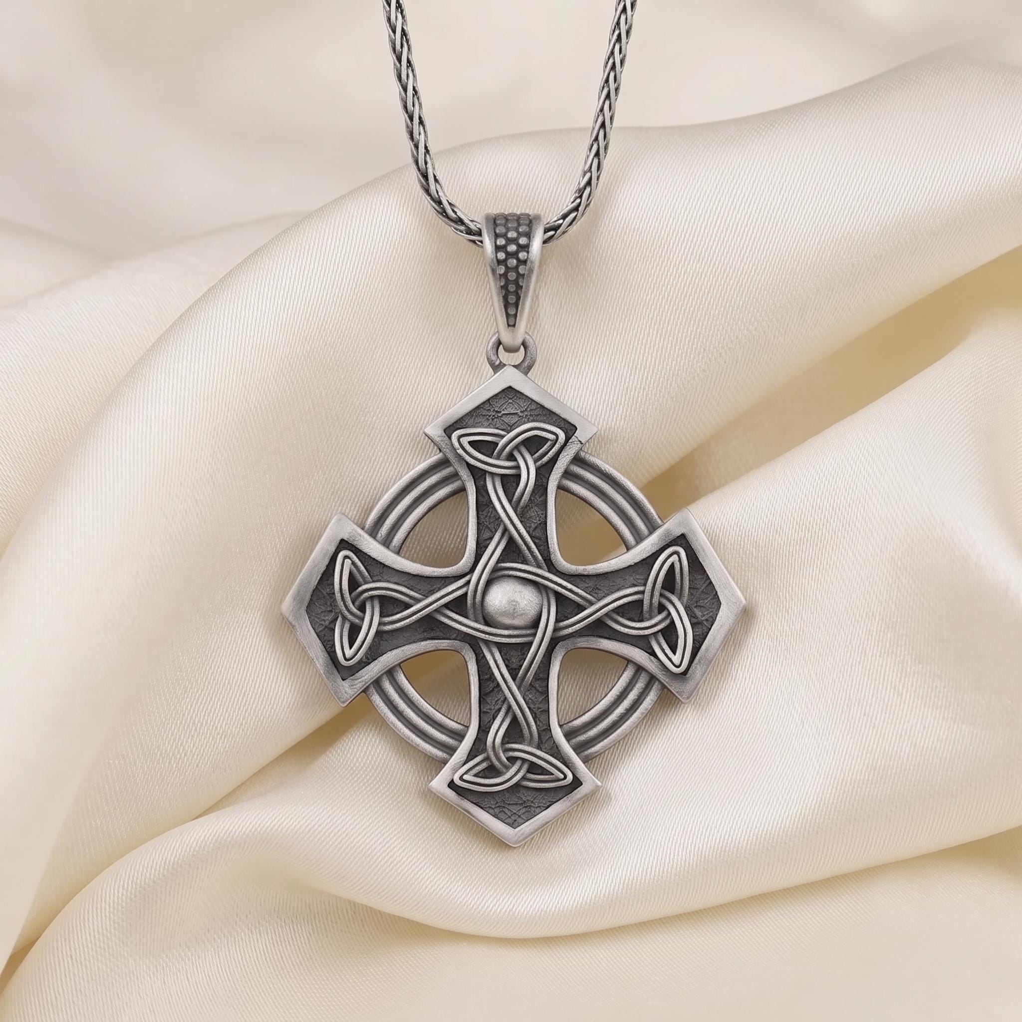 Sterling Silver Celtic Cross Pendant, Irish Knotwork, Oxidized Finish, Men's Amulet Necklace