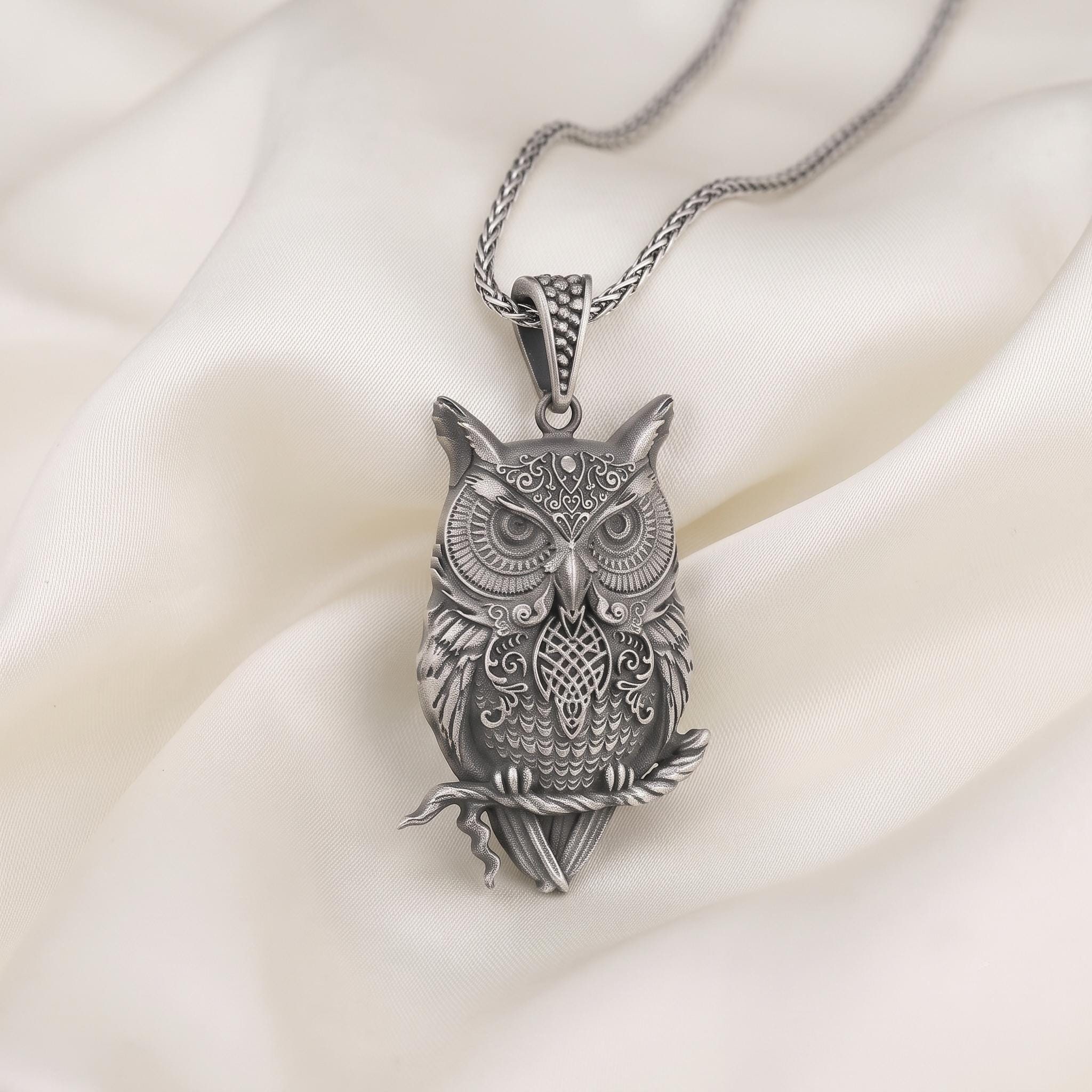 Oxidized Sterling Silver Owl Pendant Necklace, Gothic Wicca Talisman Jewelry