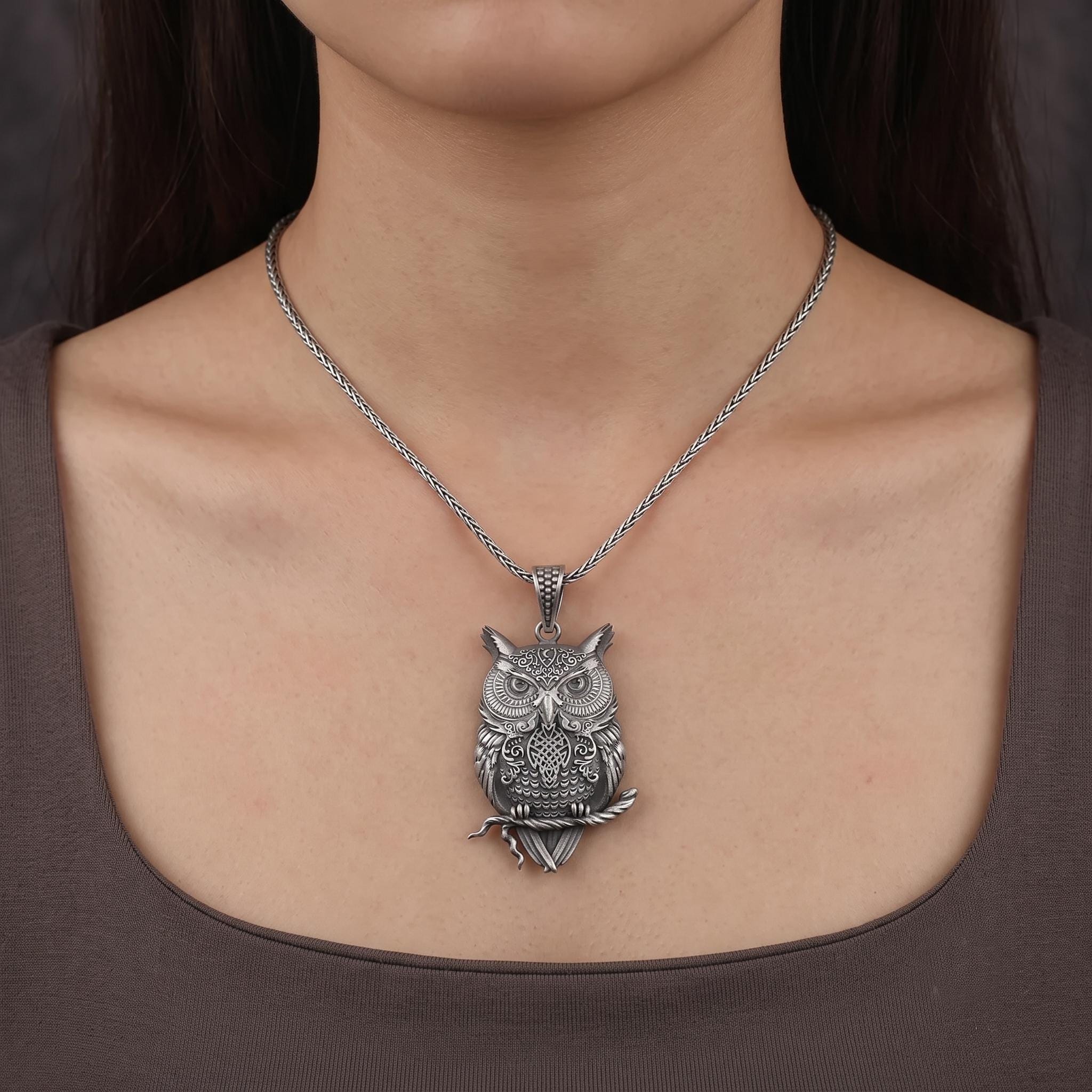 Oxidized Sterling Silver Owl Pendant Necklace, Gothic Wicca Talisman Jewelry