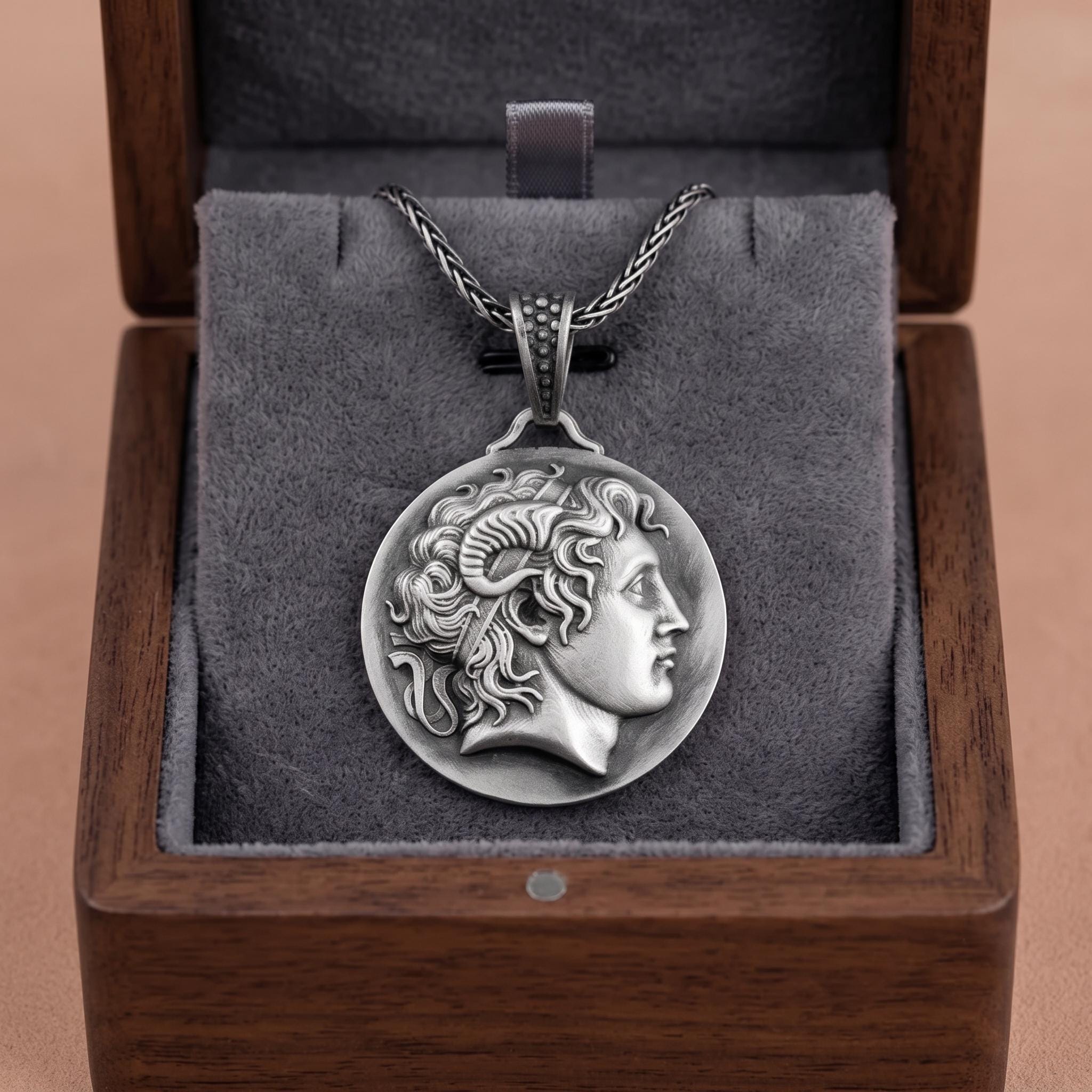 Sterling Silver Alexander the Great Coin Pendant, Zeus-Ammon Profile, Oxidized Finish