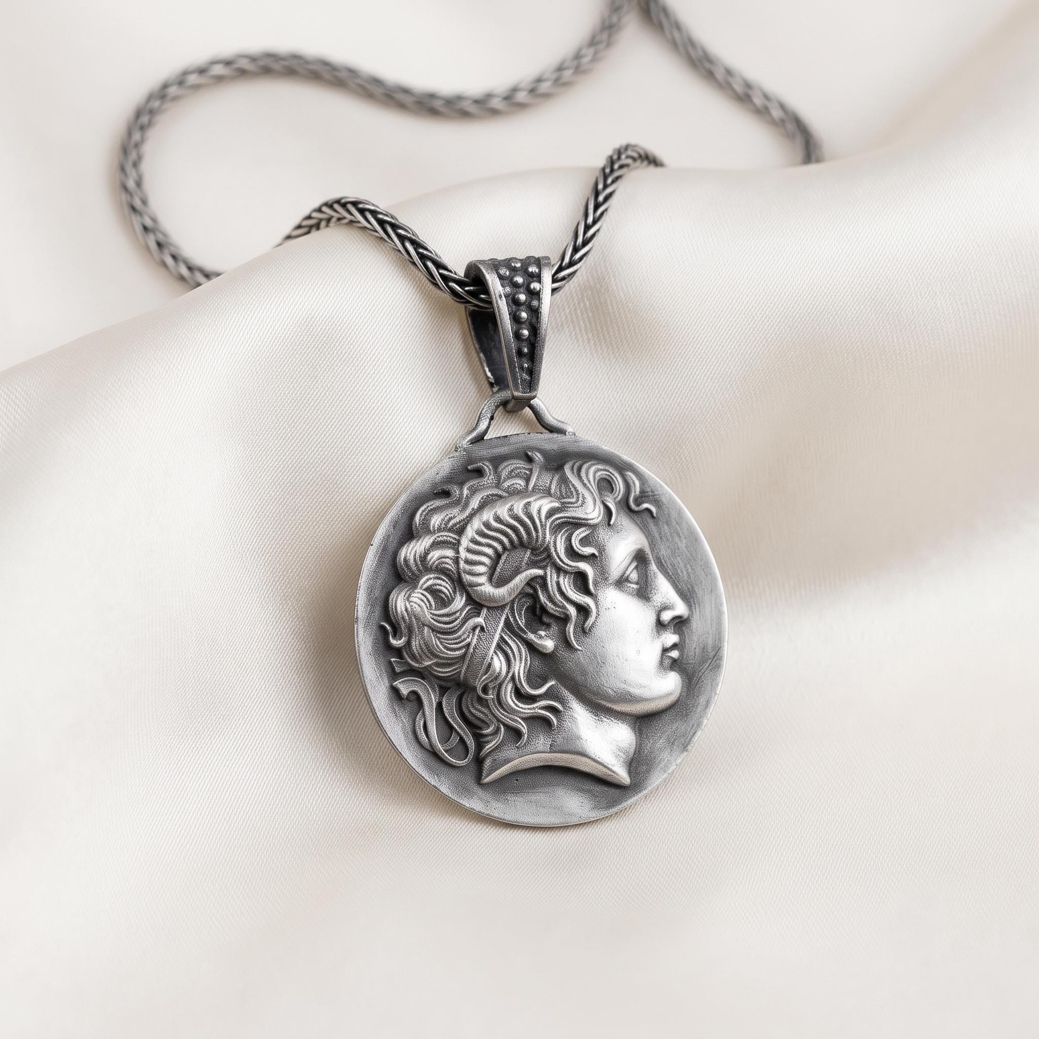 Sterling Silver Alexander the Great Coin Pendant, Zeus-Ammon Profile, Oxidized Finish