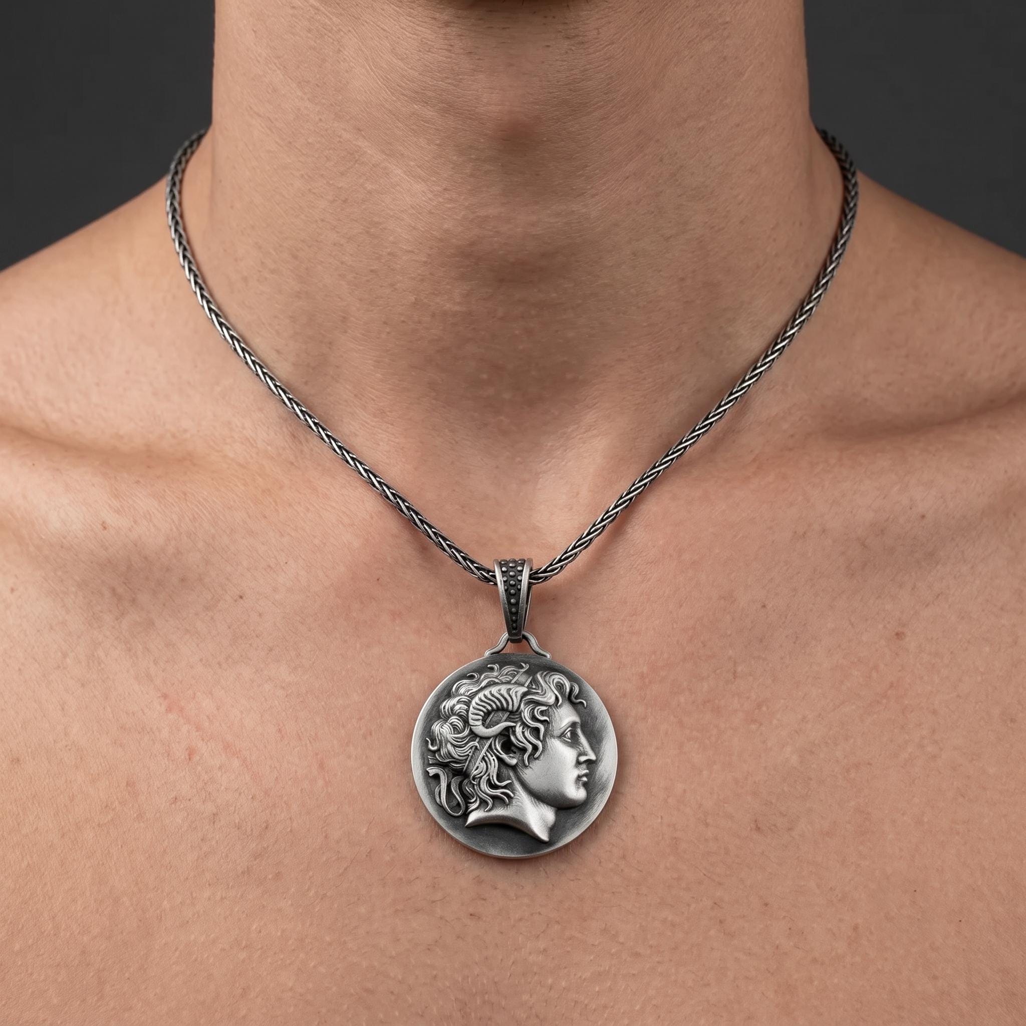 Sterling Silver Alexander the Great Coin Pendant, Zeus-Ammon Profile, Oxidized Finish