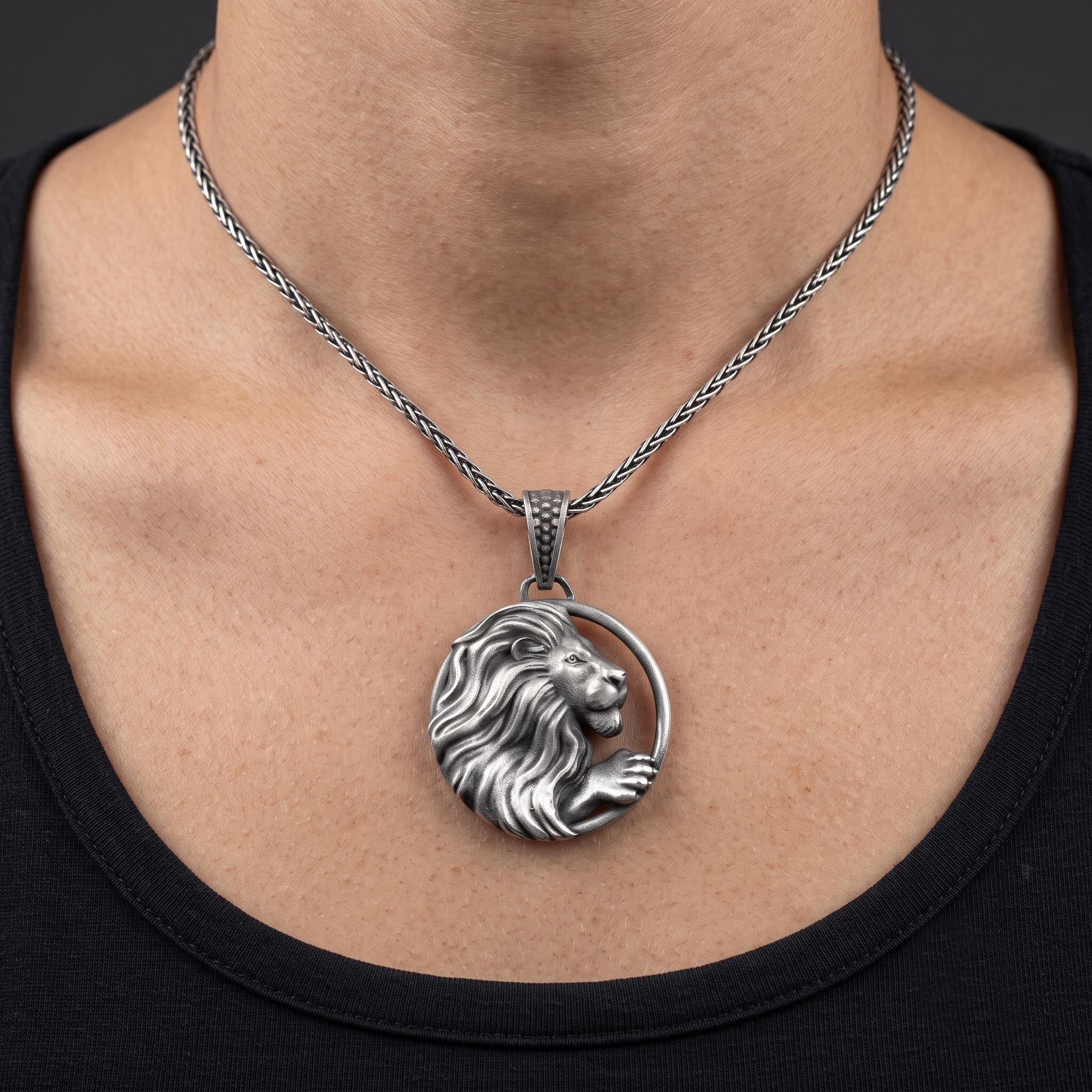 Handmade Sterling Silver Lion Pendant Necklace, Oxidized King Leo Charm