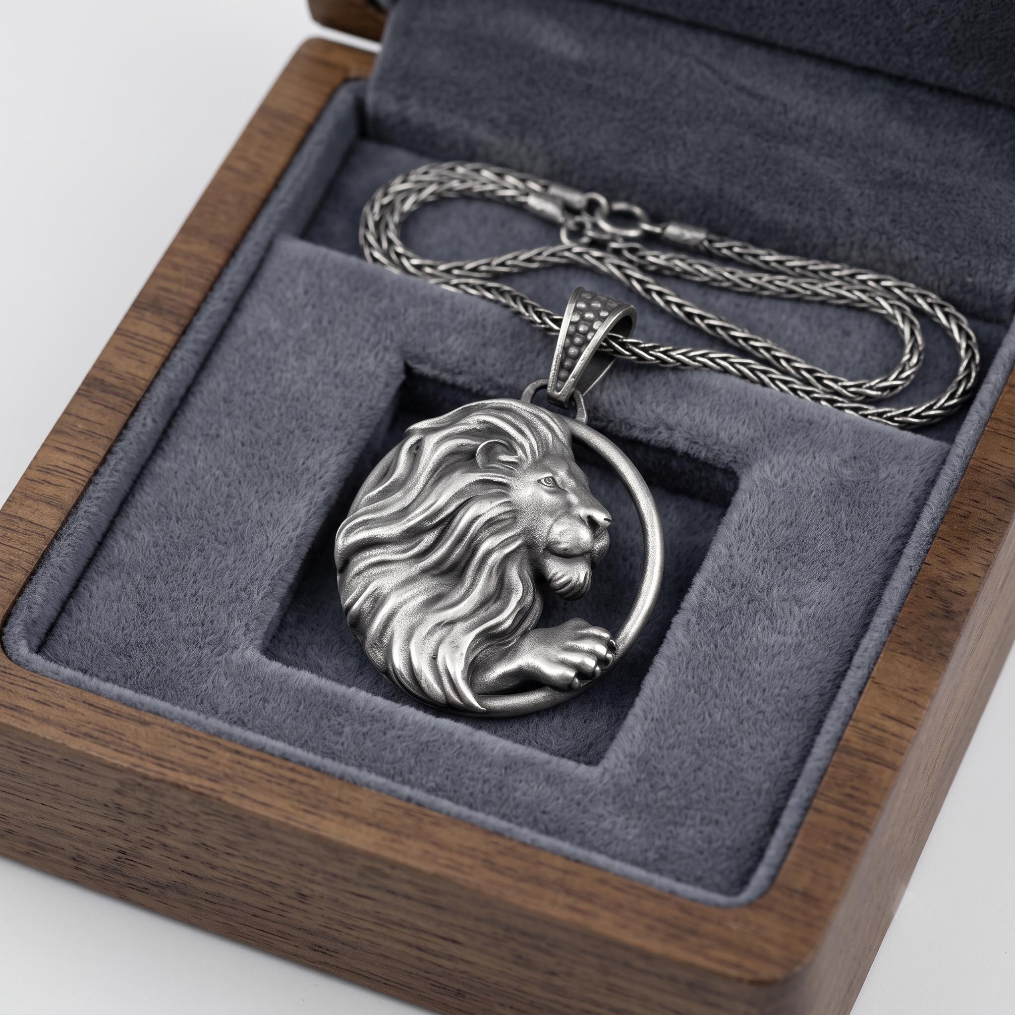 Handmade Sterling Silver Lion Pendant Necklace, Oxidized King Leo Charm