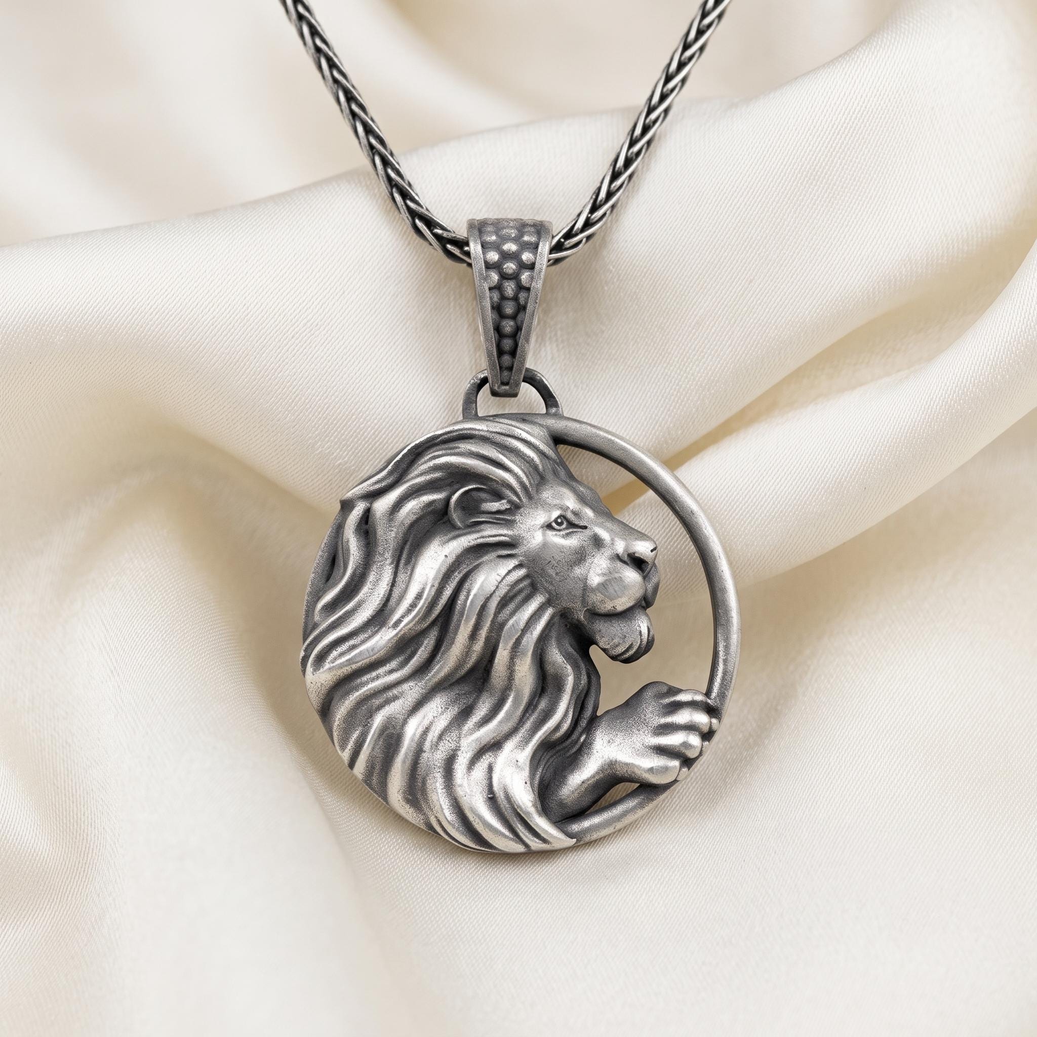 Handmade Sterling Silver Lion Pendant Necklace, Oxidized King Leo Charm