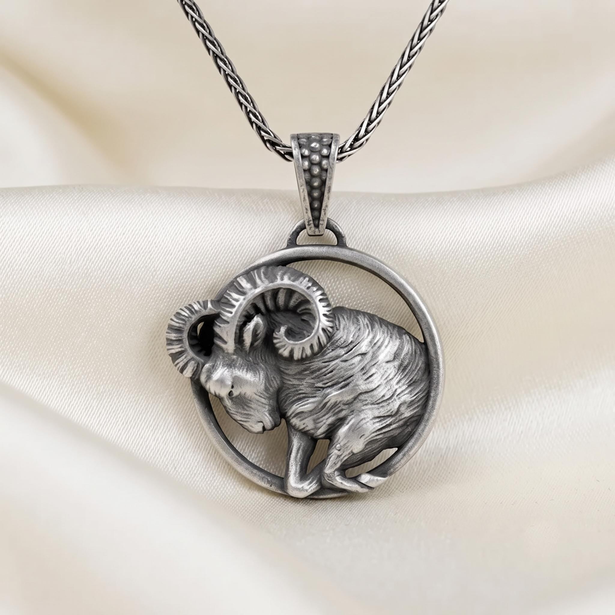 Sterling Silver Aries Ram Pendant, Oxidized Zodiac Necklace, Astrology Gift