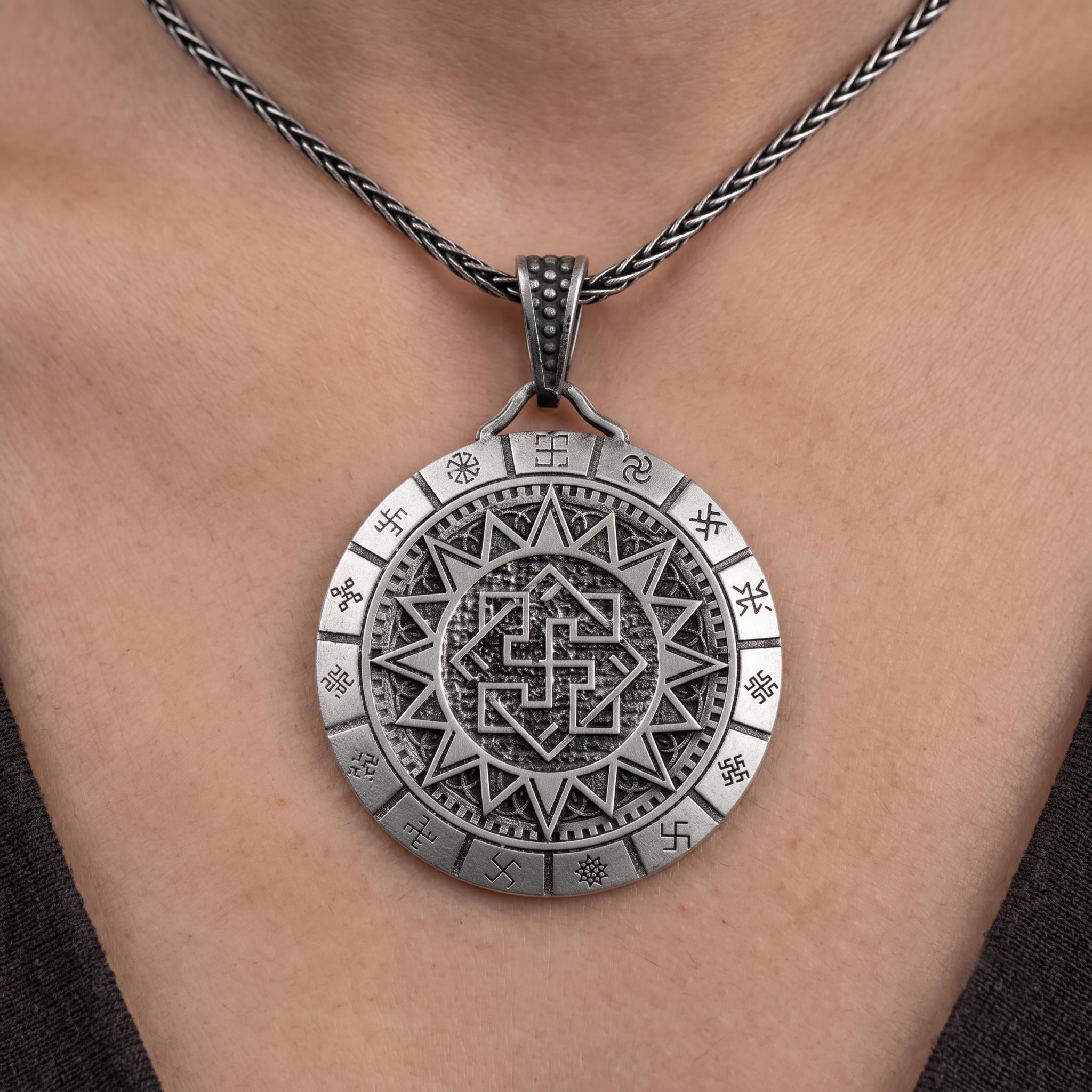 Sterling Silver Kolovrat Sun Cross Pendant, Slavic Viking Talisman Necklace, Oxidized Finish
