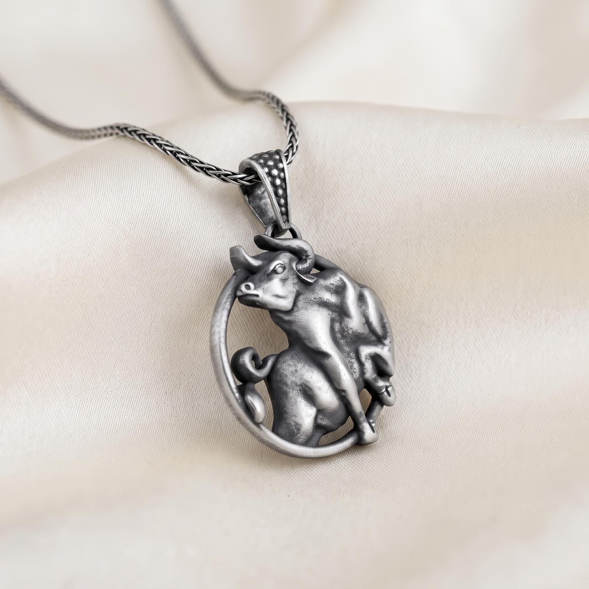 Sterling Silver Taurus Bull Pendant Necklace, Oxidized Zodiac Charm, Astrology Gift