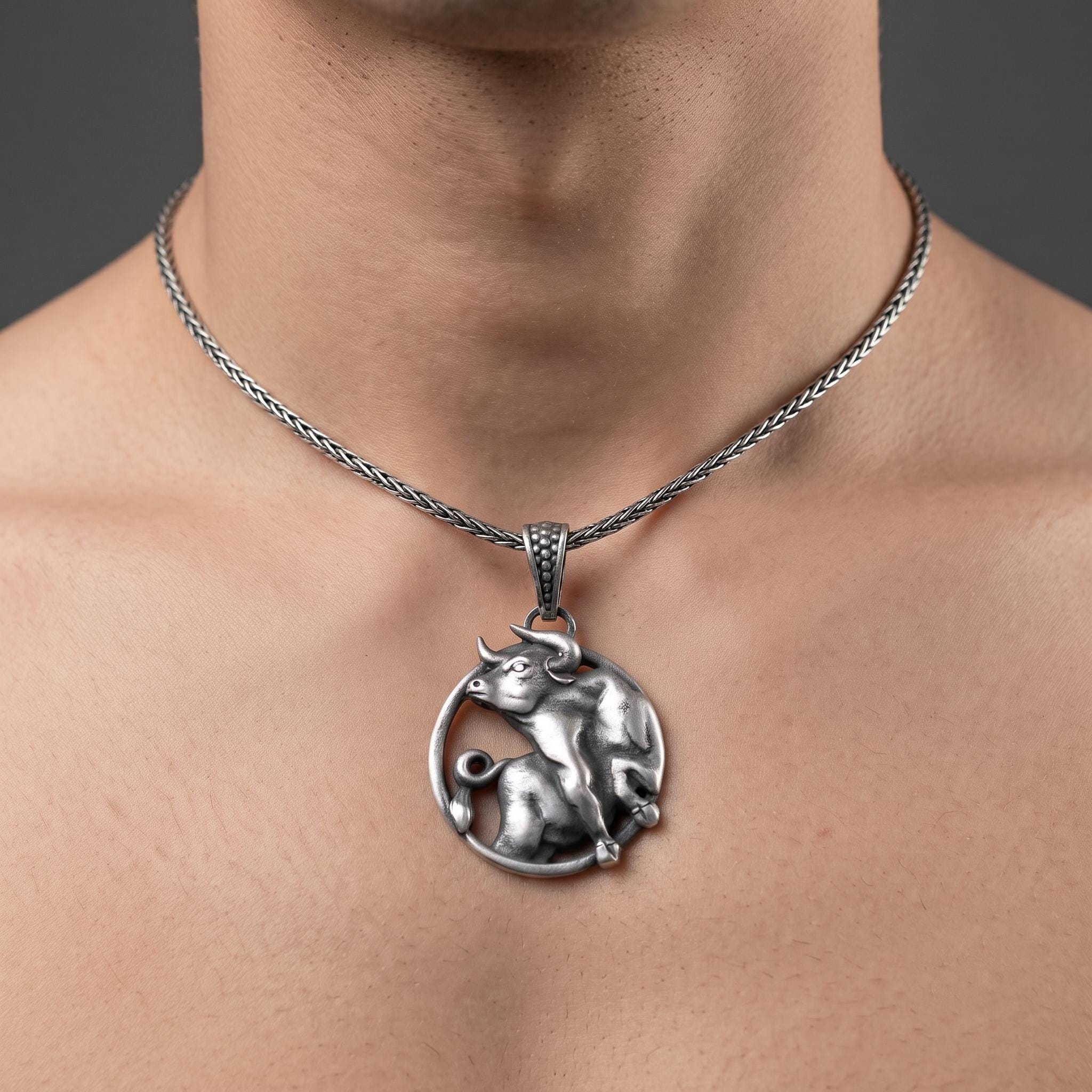 Sterling Silver Taurus Bull Pendant Necklace, Oxidized Zodiac Charm, Astrology Gift