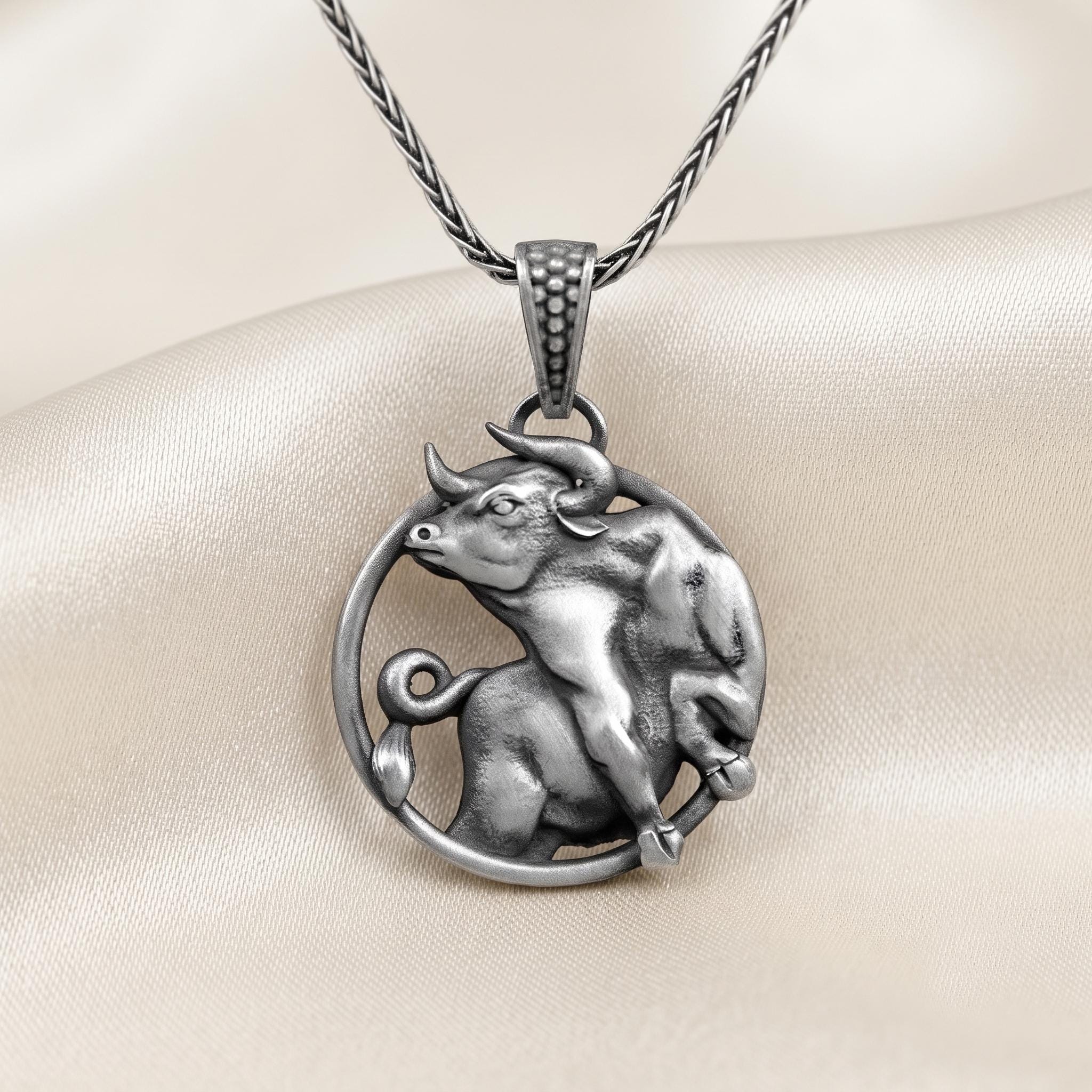 Sterling Silver Taurus Bull Pendant Necklace, Oxidized Zodiac Charm, Astrology Gift