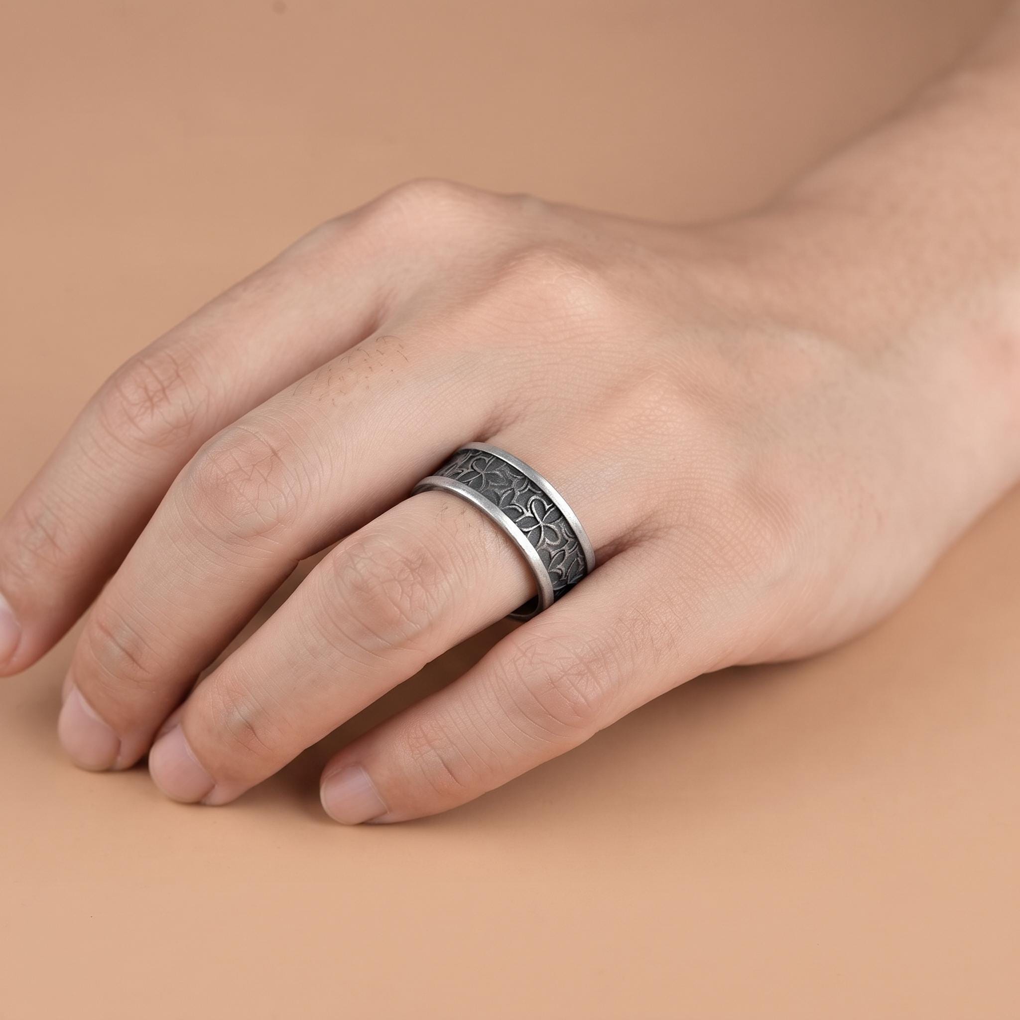 Oxidized Sterling Silver Floral Band Ring, Botanical Engraved, Unisex Statement Jewelry