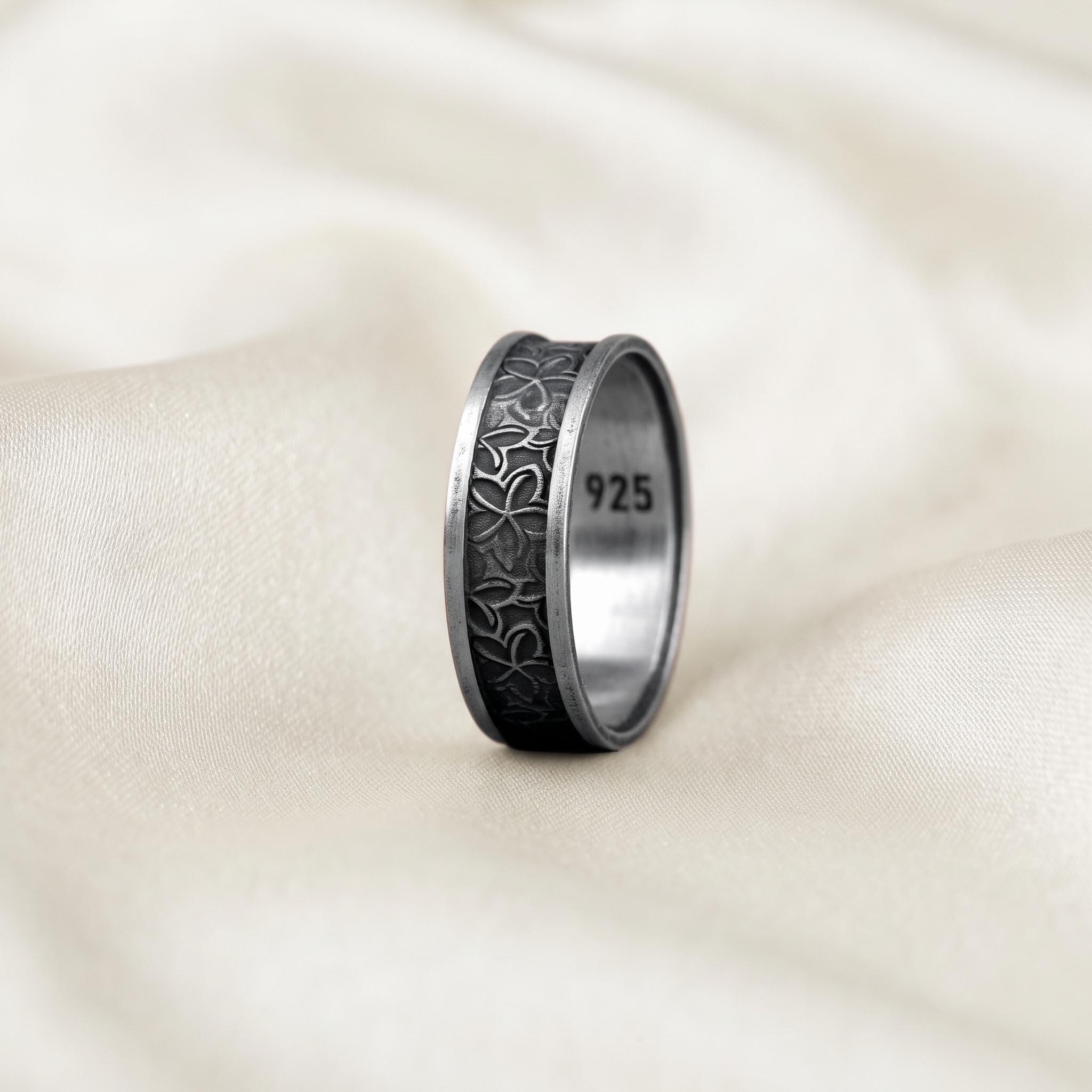 Oxidized Sterling Silver Floral Band Ring, Botanical Engraved, Unisex Statement Jewelry