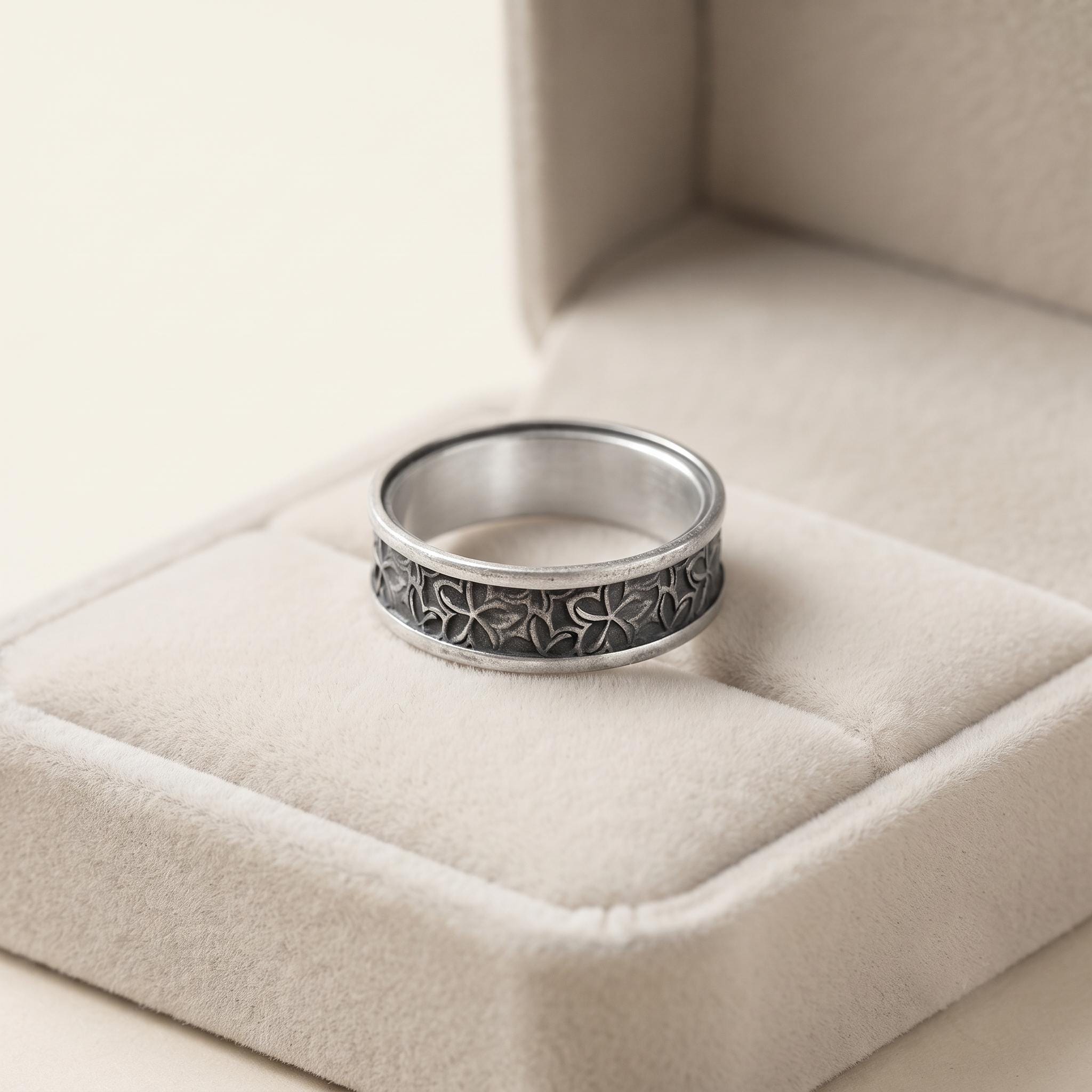 Oxidized Sterling Silver Floral Band Ring, Botanical Engraved, Unisex Statement Jewelry