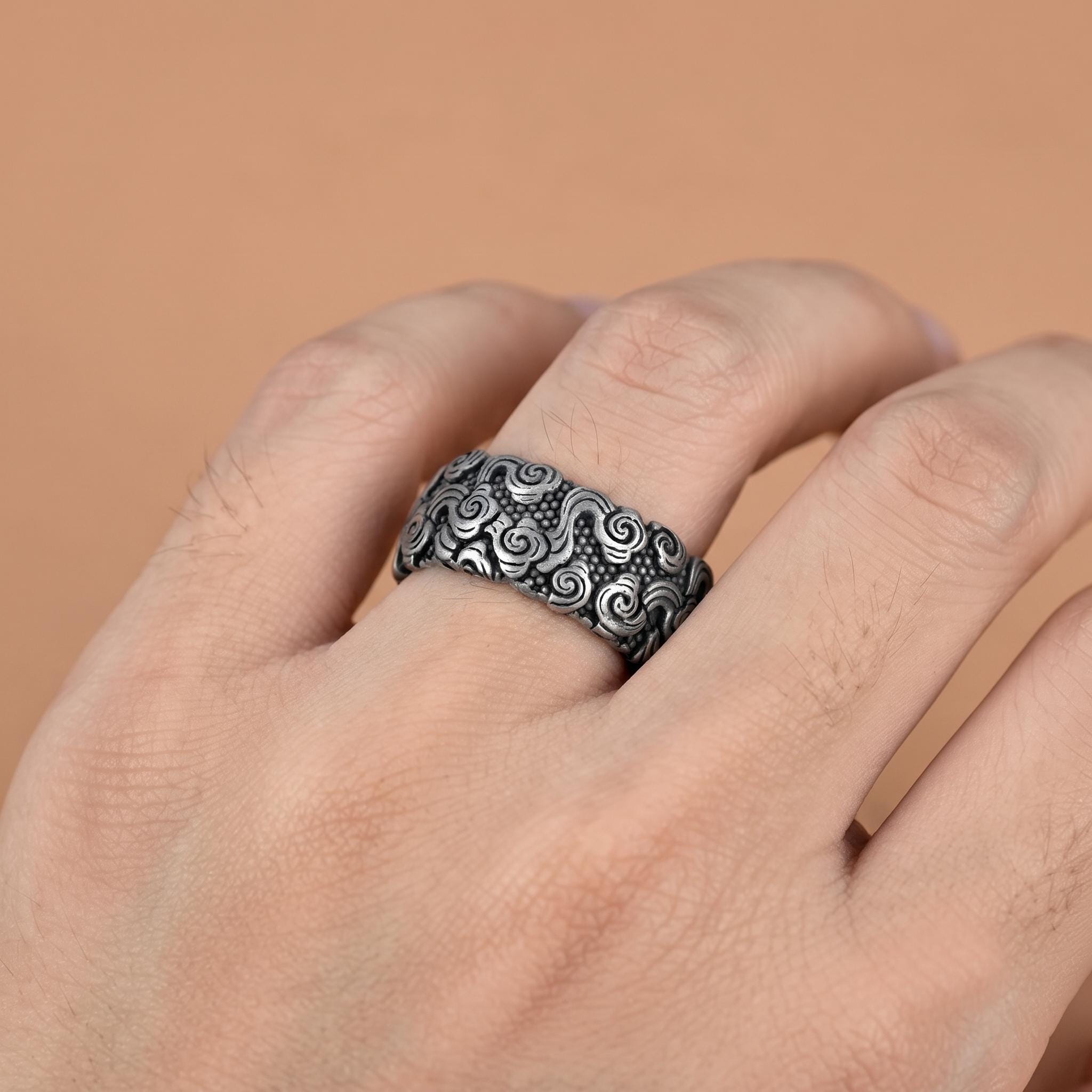 Vintage Sterling Silver Cloud Ring, Oxidized Auspicious Pattern, Unisex Statement Jewelry