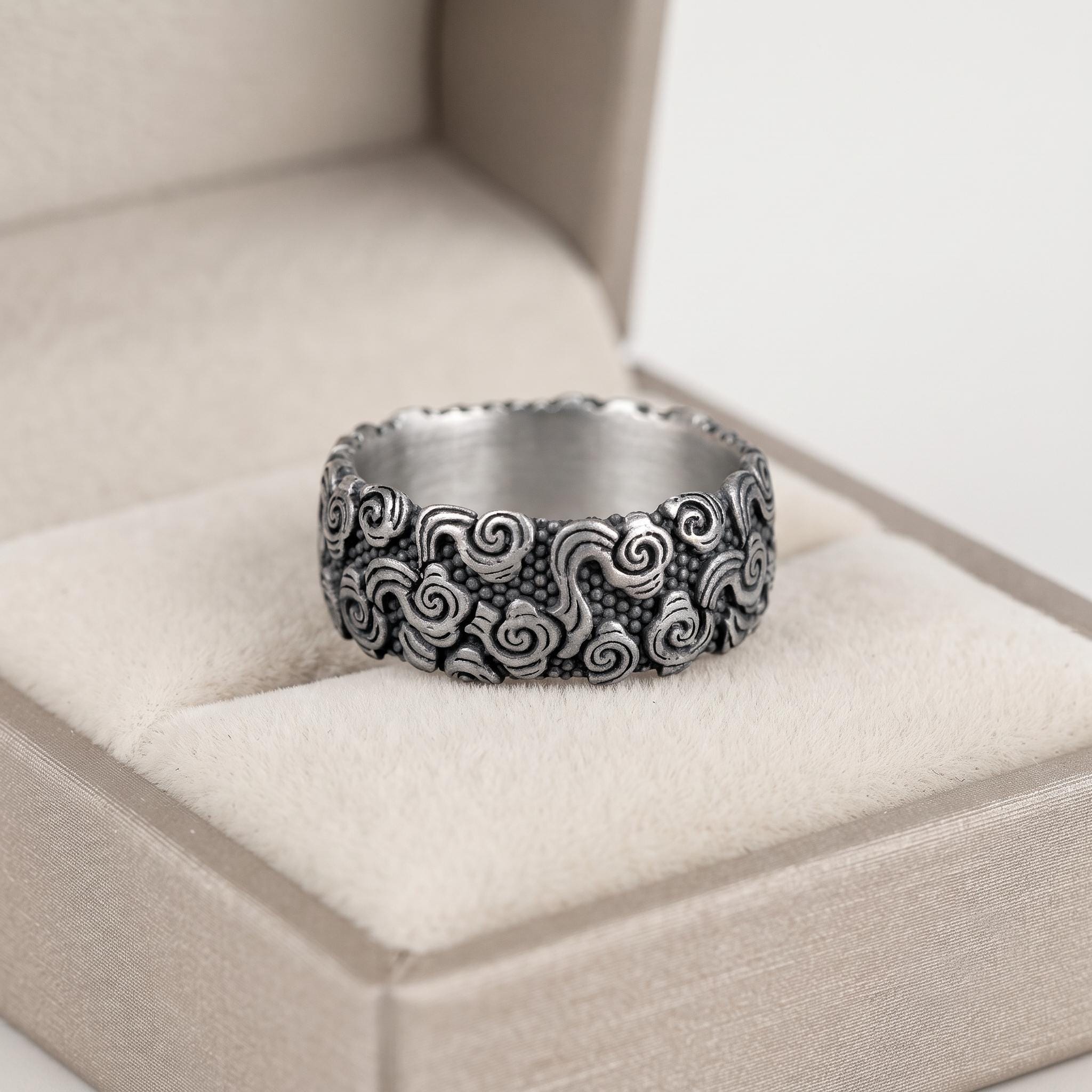 Vintage Sterling Silver Cloud Ring, Oxidized Auspicious Pattern, Unisex Statement Jewelry