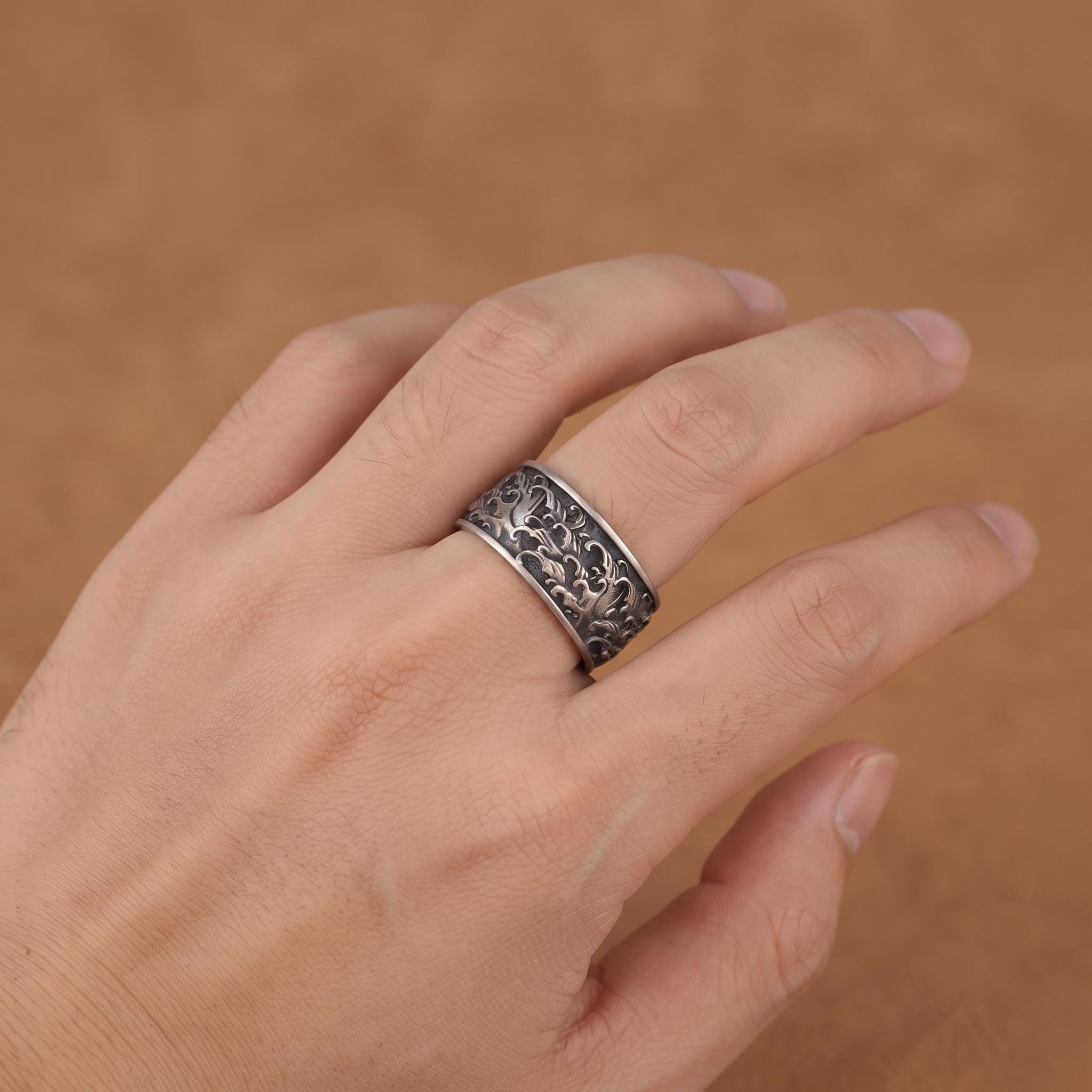 Handmade Sterling Silver Ocean Wave Ring, Oxidized Surf Jewelry, Comfort Fit Band