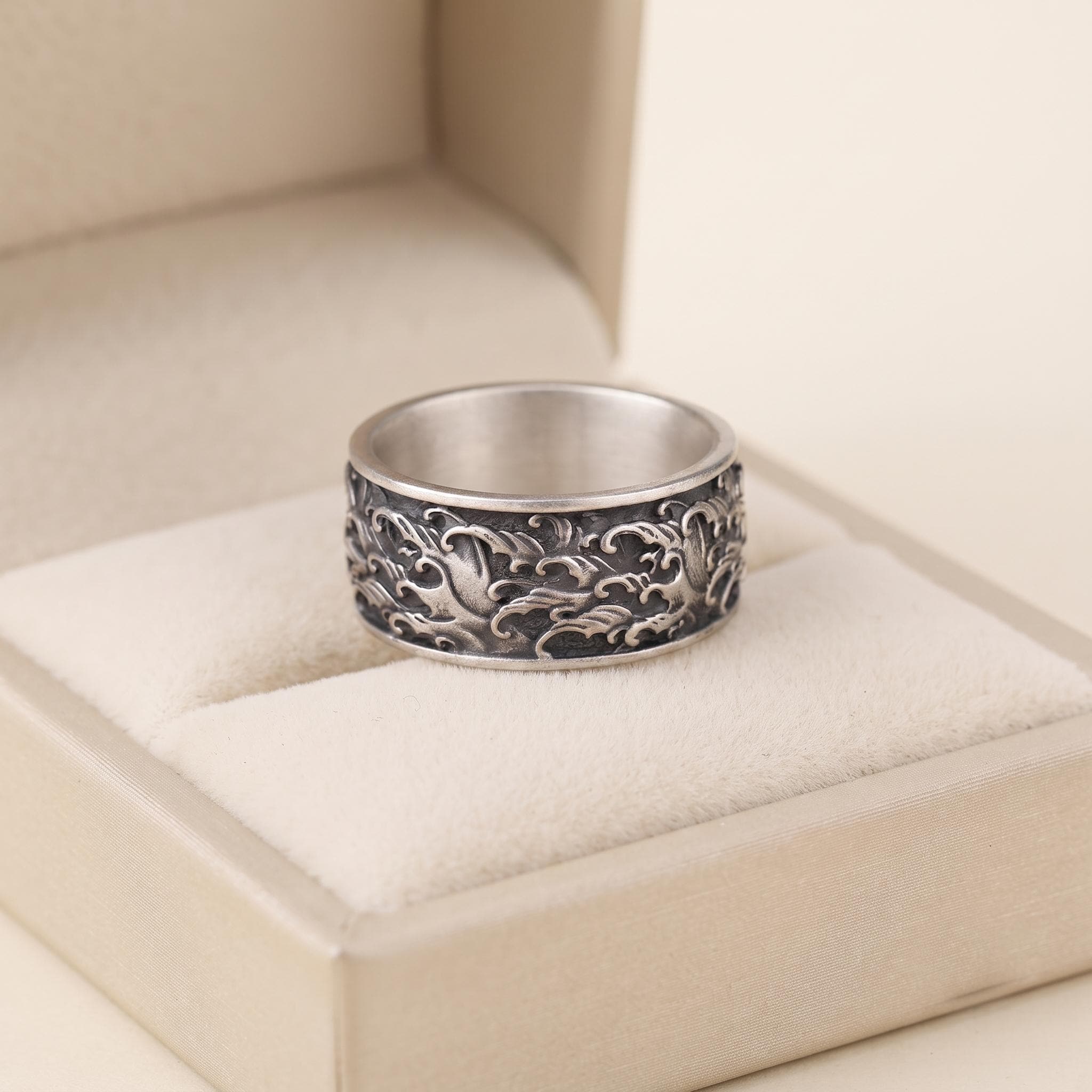 Handmade Sterling Silver Ocean Wave Ring, Oxidized Surf Jewelry, Comfort Fit Band