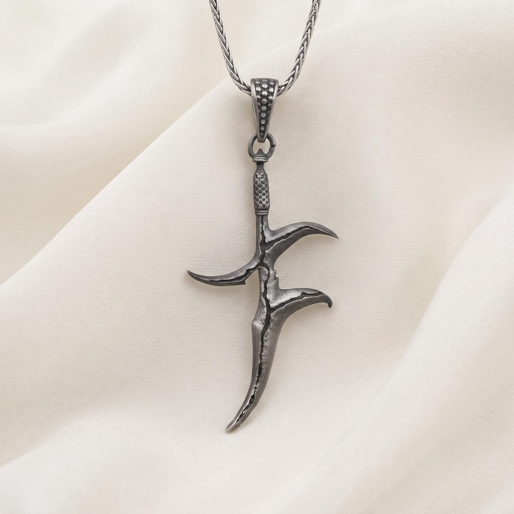 Gothic Dagger Pendant, Oxidized Silver Sword Necklace, Mens Fantasy Knife Jewelry, Alternative Rocker Talisman, Medieval Weapon Charm