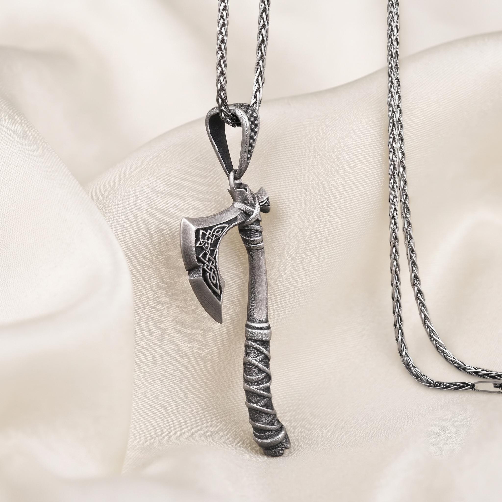 Sterling Silver Viking Axe Pendant, Celtic Knotwork, Norse Warrior Necklace