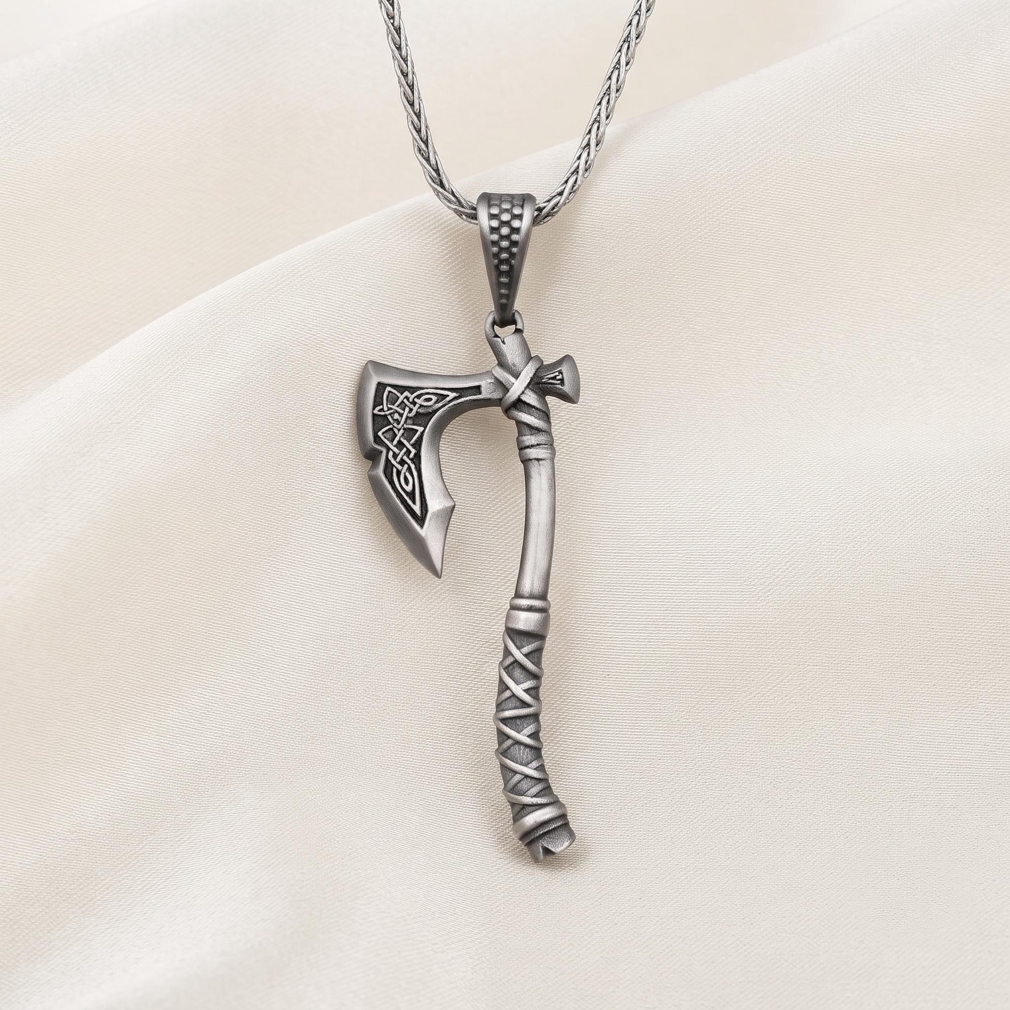 Sterling Silver Viking Axe Pendant, Celtic Knotwork, Norse Warrior Necklace