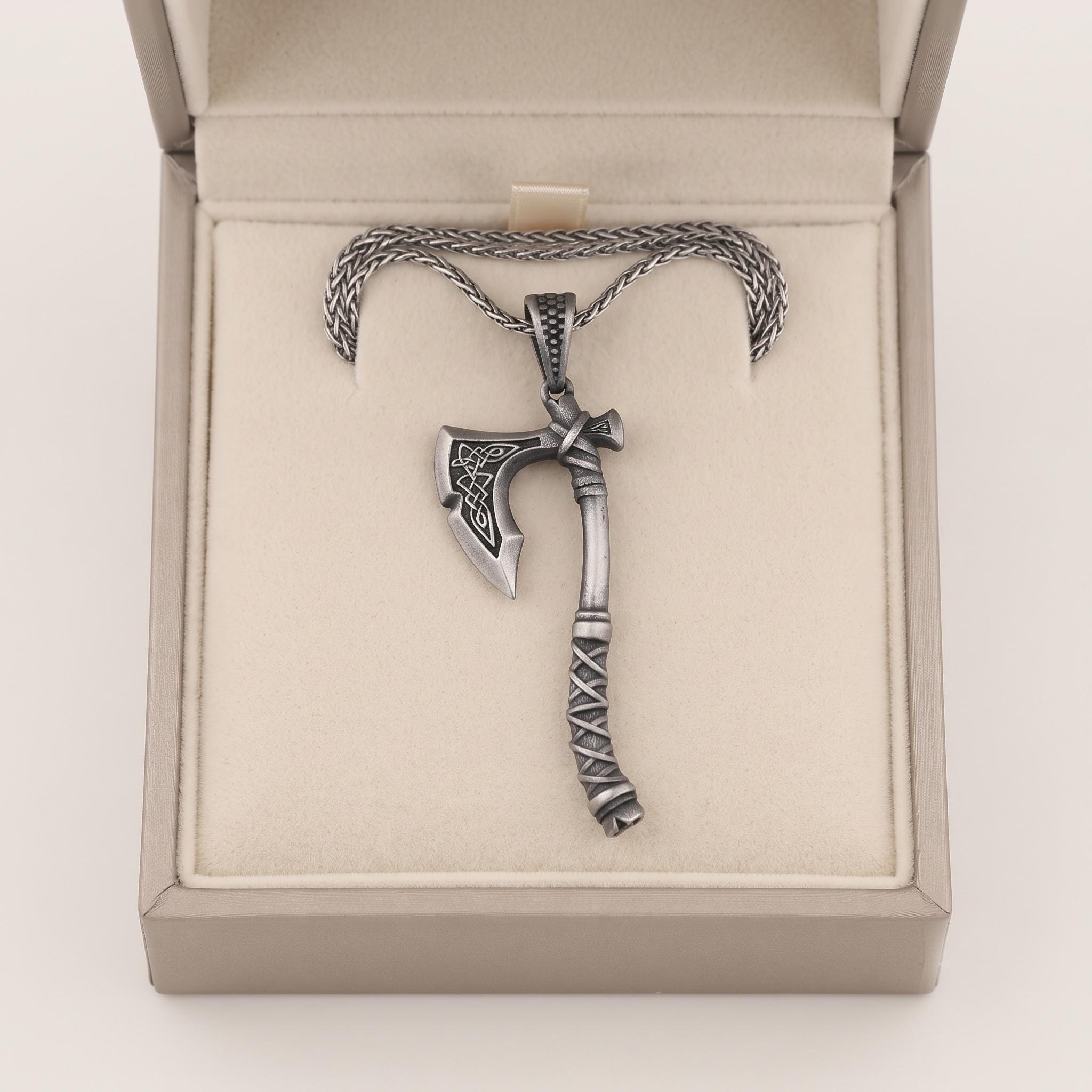 Sterling Silver Viking Axe Pendant, Celtic Knotwork, Norse Warrior Necklace