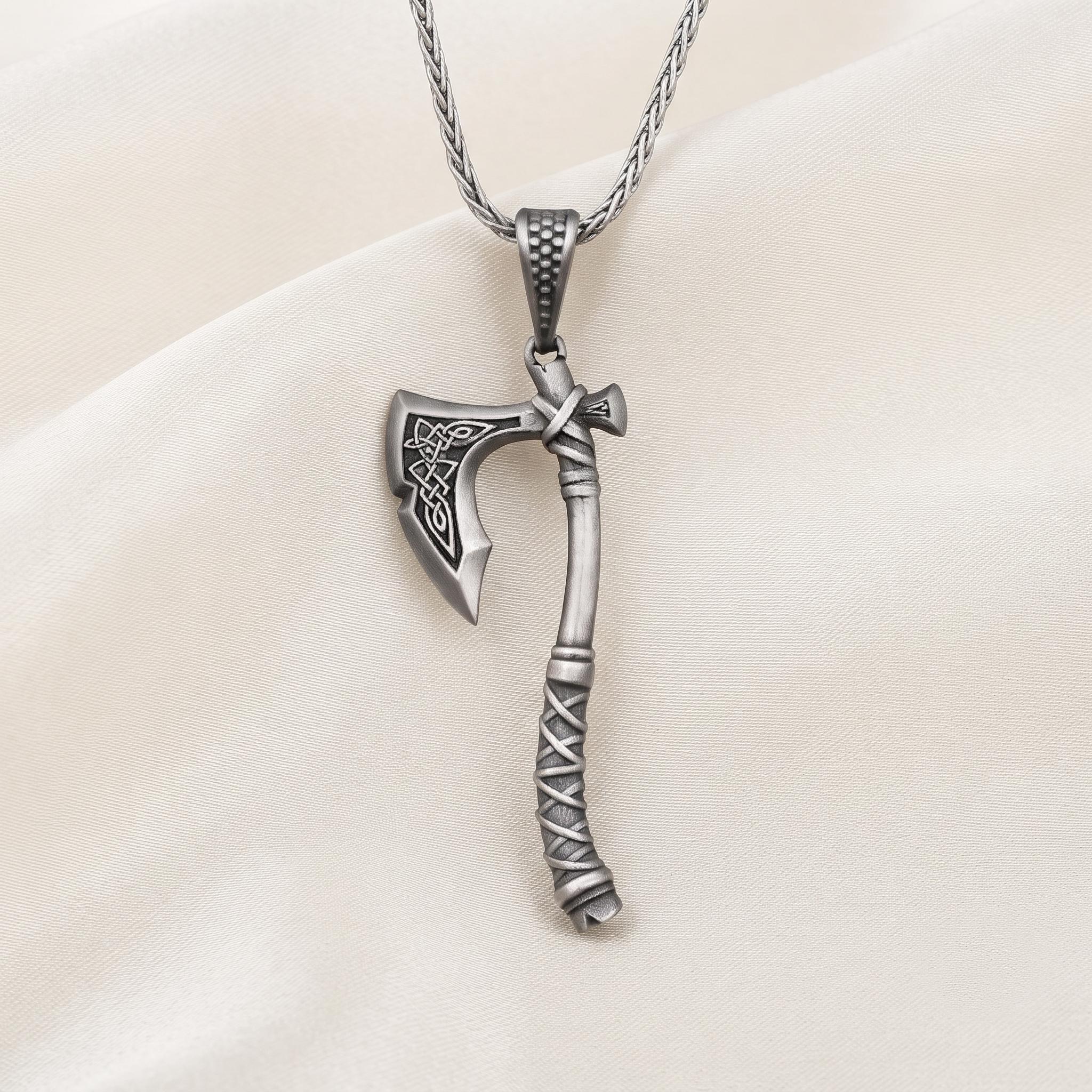 Sterling Silver Viking Axe Pendant, Celtic Knotwork, Norse Warrior Necklace