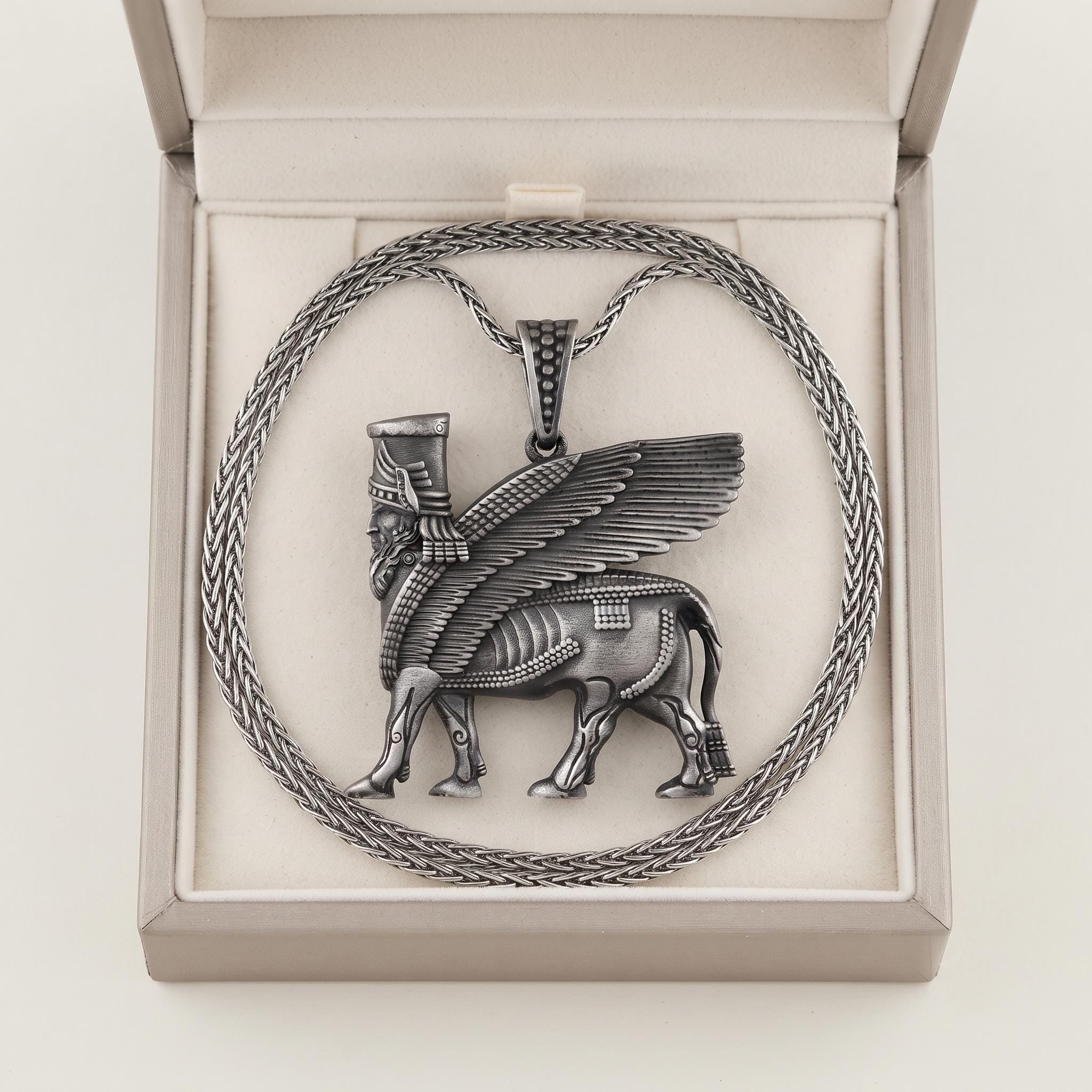 Sterling Silver Lamassu Pendant, Assyrian Mythology Winged Bull Necklace, Oxidized Finish
