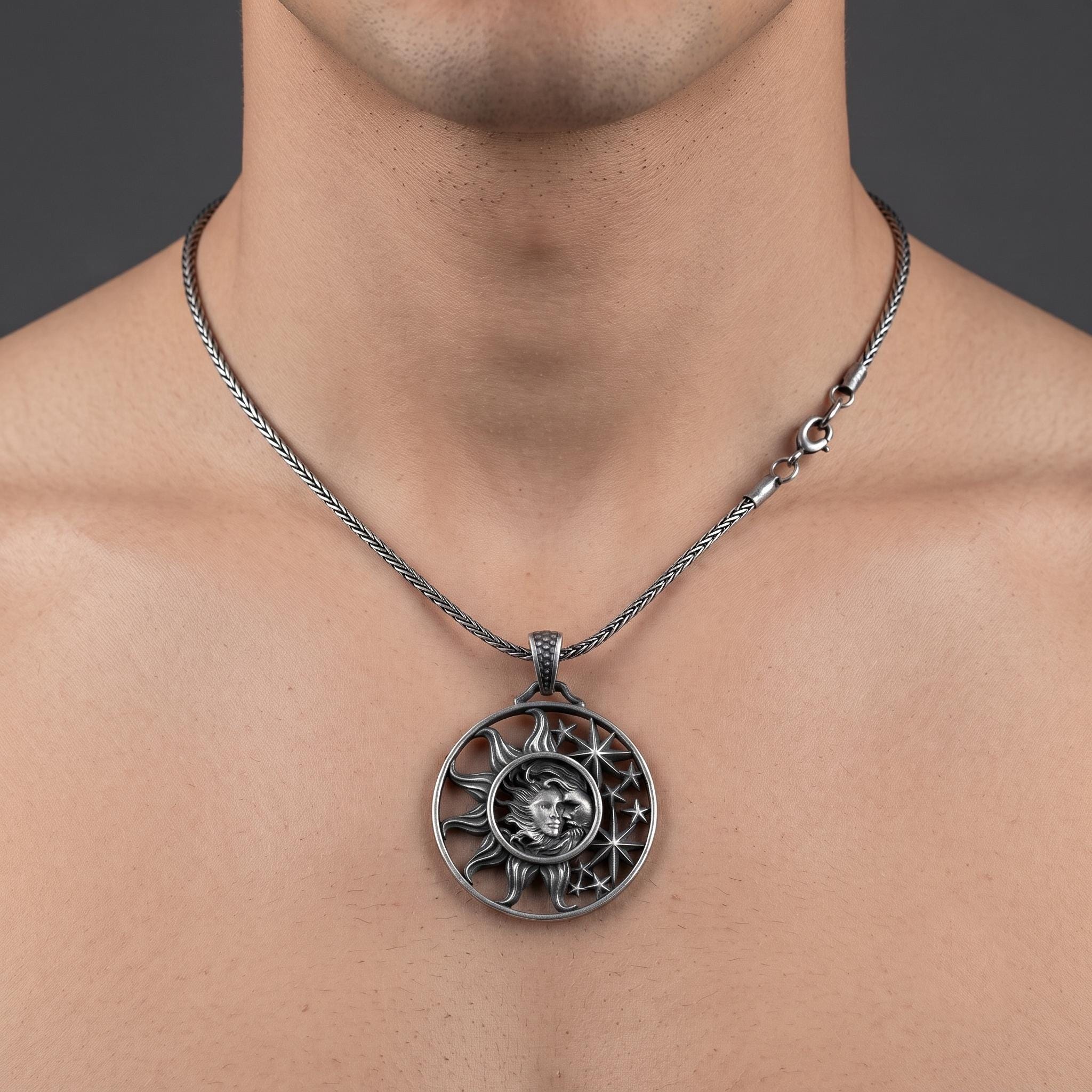 Sterling Silver Sun Moon Pendant Necklace, Oxidized Celestial Jewelry, Gothic Amethyst Star Design