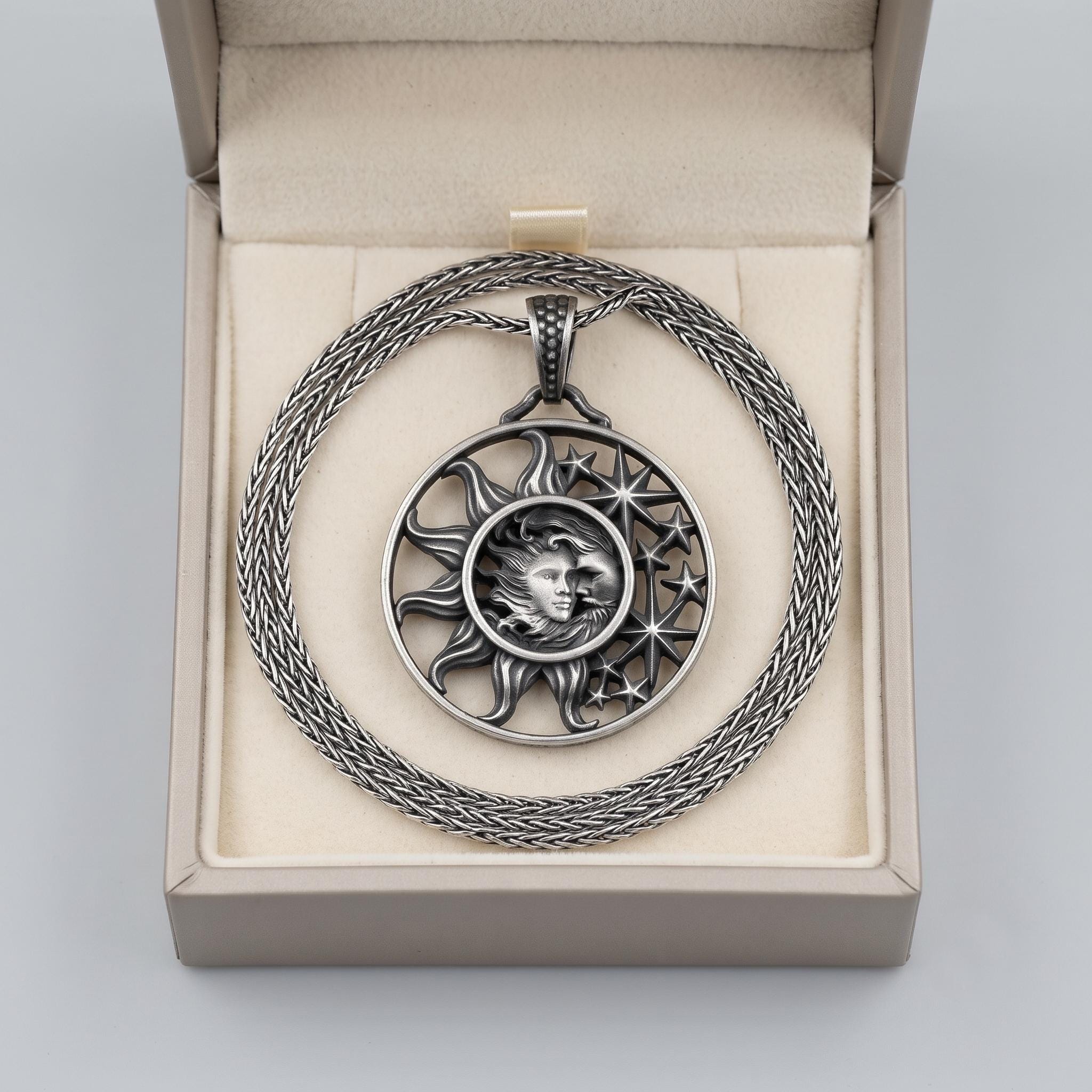 Sterling Silver Sun Moon Pendant Necklace, Oxidized Celestial Jewelry, Gothic Amethyst Star Design