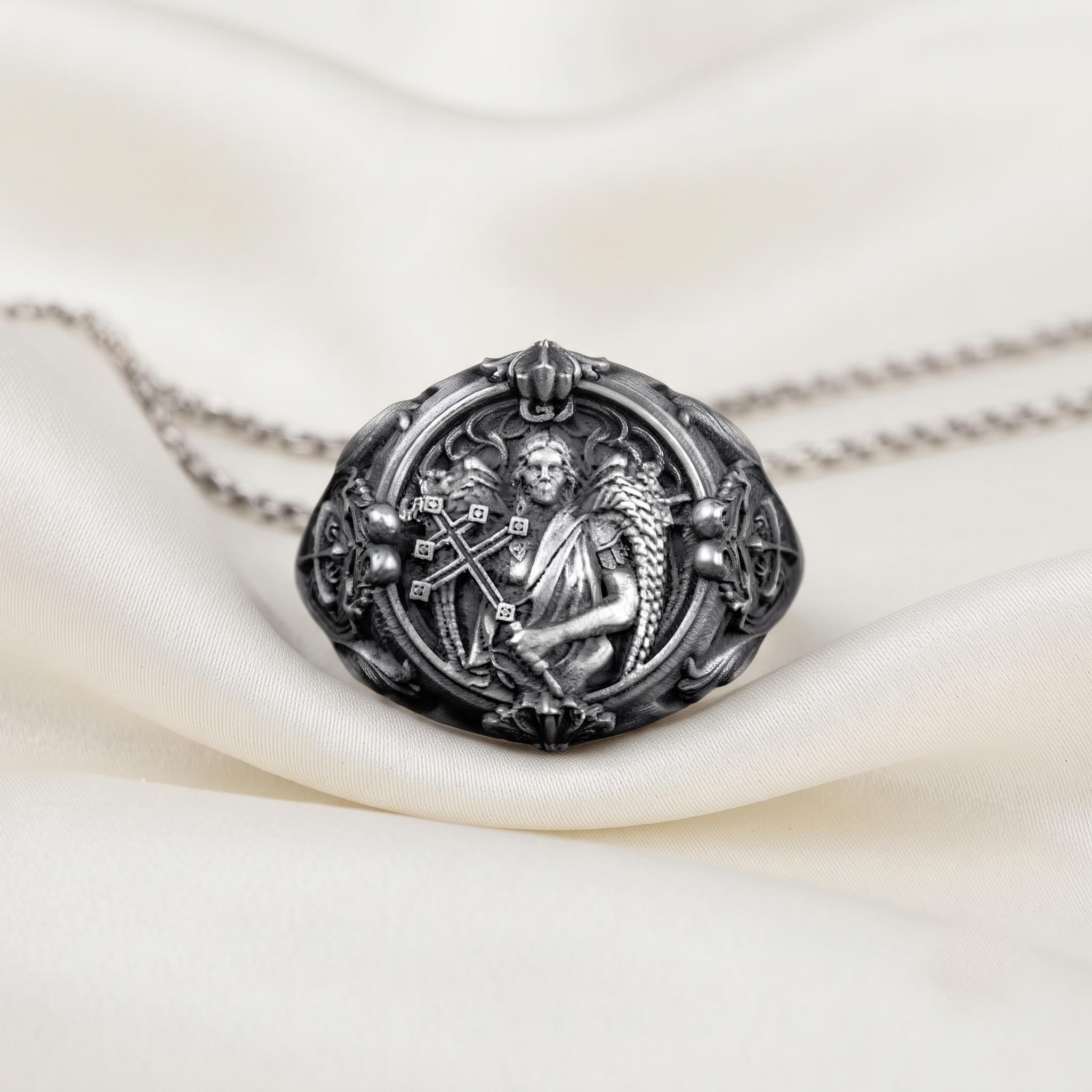 Vintage Sterling Silver Archangel Michael Signet Ring, Gothic Religious Jewelry, Crusader Shield Design