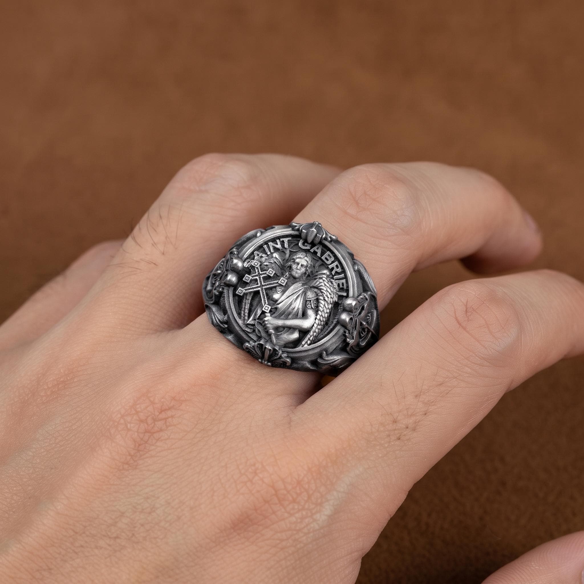 Vintage Sterling Silver Archangel Michael Signet Ring, Gothic Religious Jewelry, Crusader Shield Design