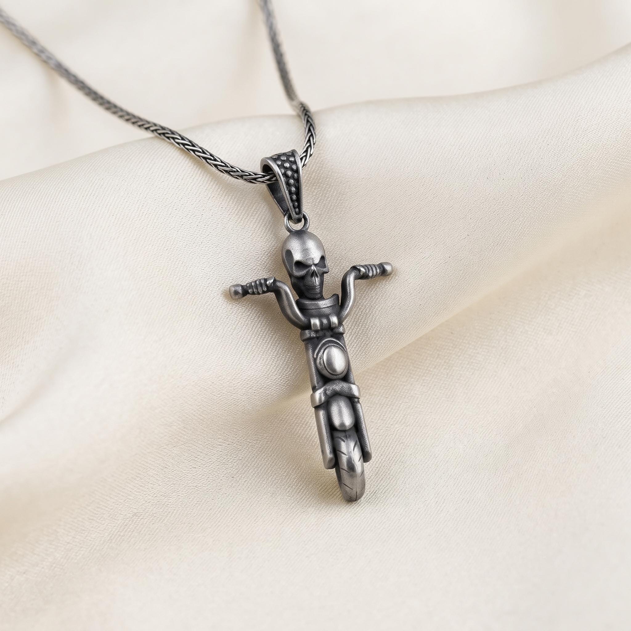 Sterling Silver Biker Skull Motorcycle Pendant, Gothic Chopper Necklace, Punk Rock Jewelry