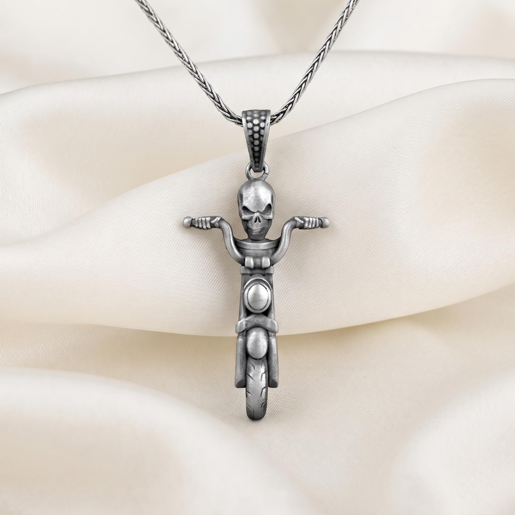 Sterling Silver Biker Skull Motorcycle Pendant, Gothic Chopper Necklace, Punk Rock Jewelry