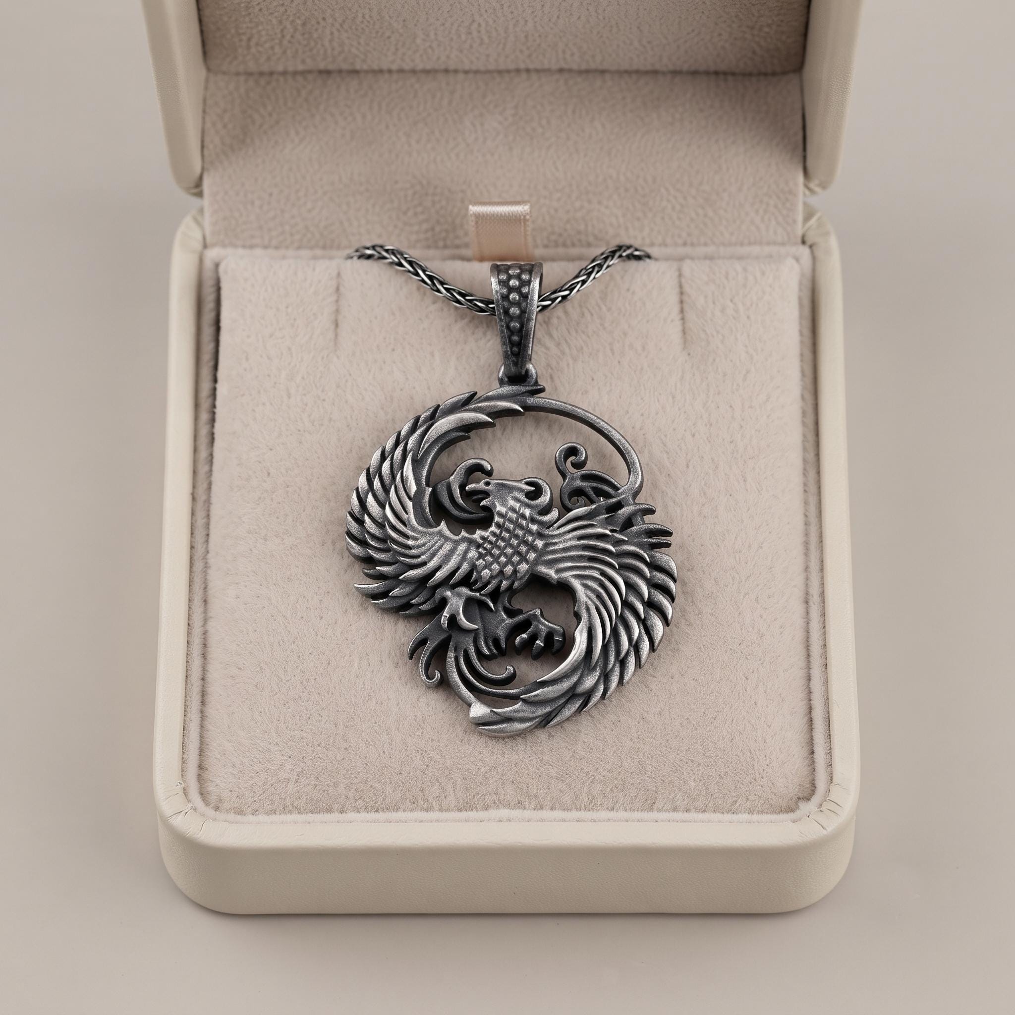 Handmade Sterling Silver Phoenix Pendant, Oxidized Gothic Firebird Necklace